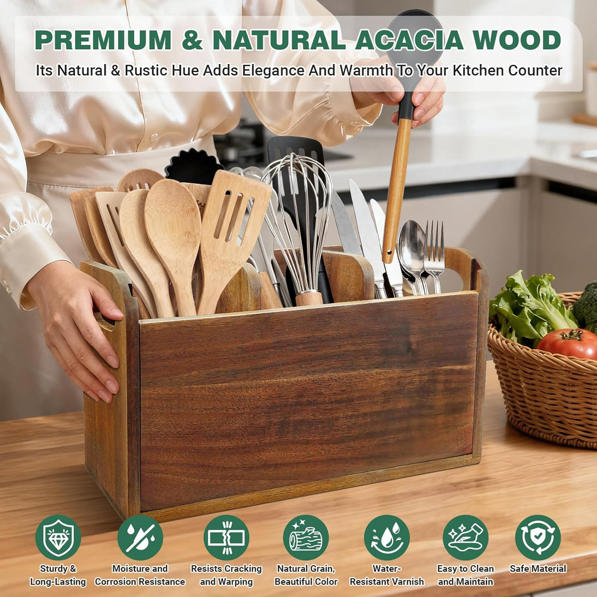 Kitchen Utensil Holder for Countertop with 3 Compartments，Acacia Wood Utensil Holder Cooking Spatula Organizer Large