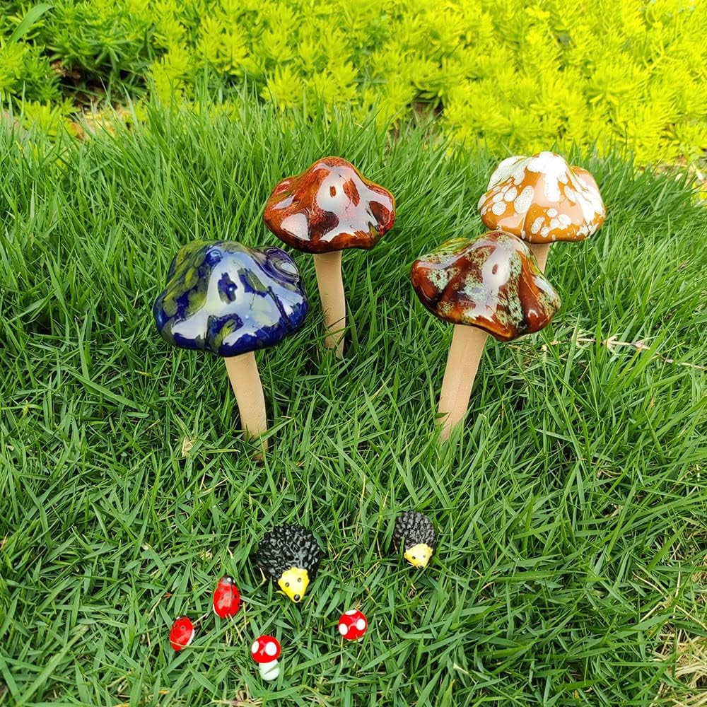 Color Ceramic Mushrooms Height and Mini Size Polyresin Hedgehog Fairy / Flat / 4.5 Inch / Set of 4
