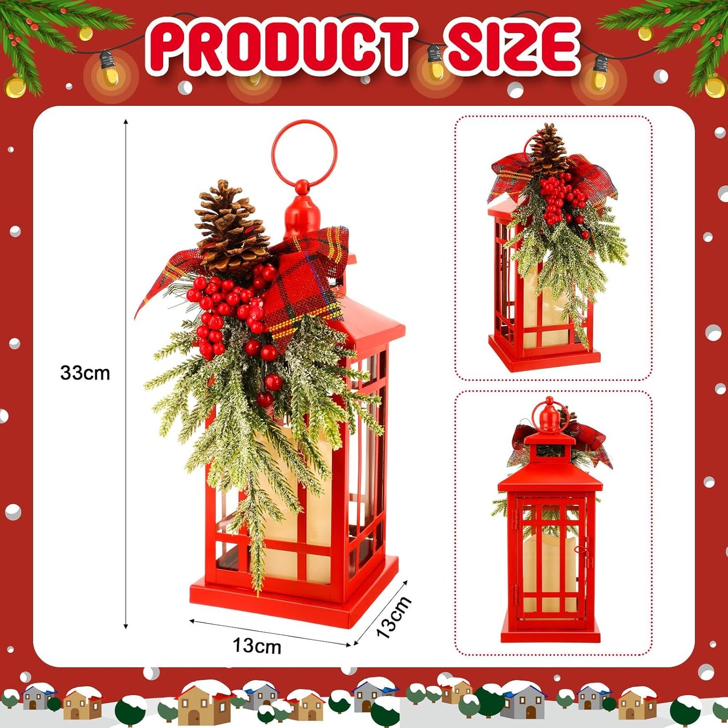 2 Pcs Christmas Metal Lantern with LED Flameless Hang Decor,Red,Berries
