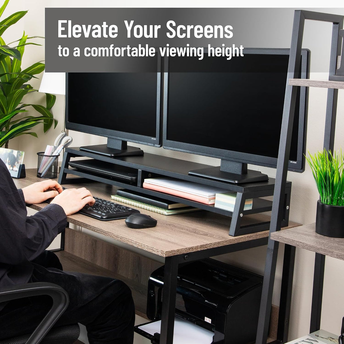 Mind Reader 2-Tier MDF Double Monitor Stand, Dual Screen Riser with Storage Shelf, 33.75 Inch Wide, 88 lb Capacity