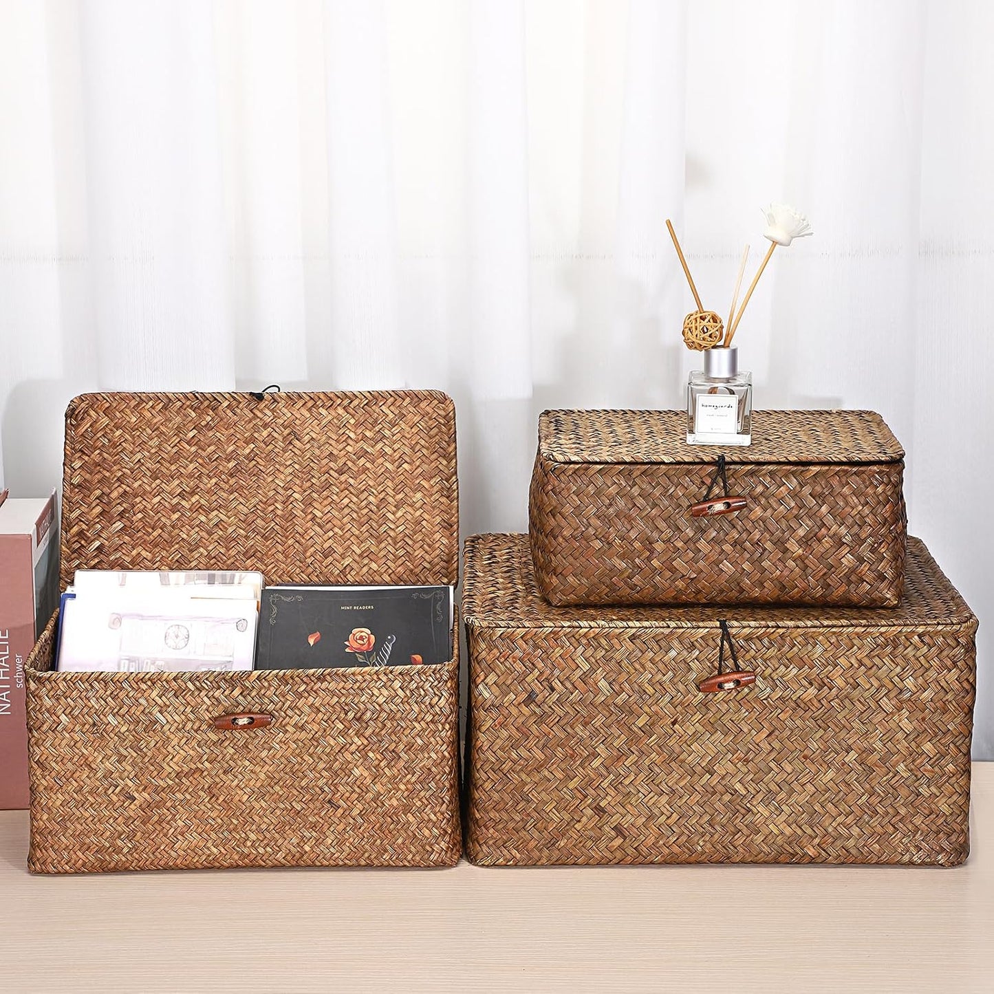 Seagrass Storage Baskets / 14.6 x 9.5 x 7.3 / Large / Coffee / Natural