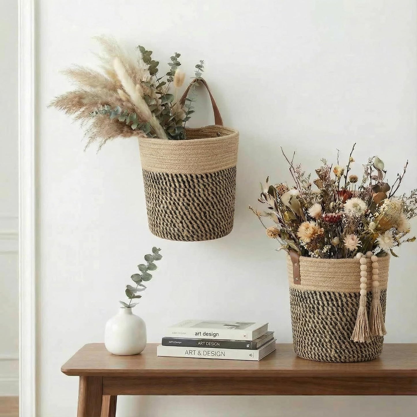 Round Woven Wall Decor & Storage Planter for Plant Decor and Home / Jute & Black / 8 Inch / Set of 2