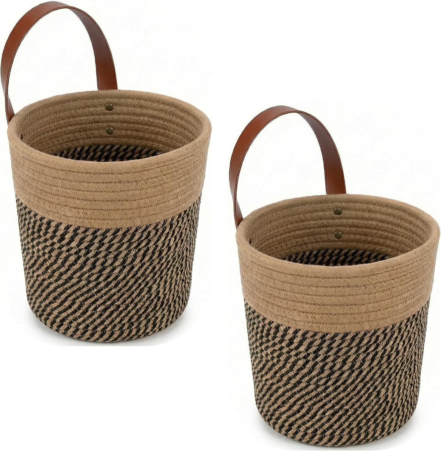Round Woven Wall Decor & Storage Planter for Plant Decor and Home / Jute & Black / 8 Inch / Set of 2