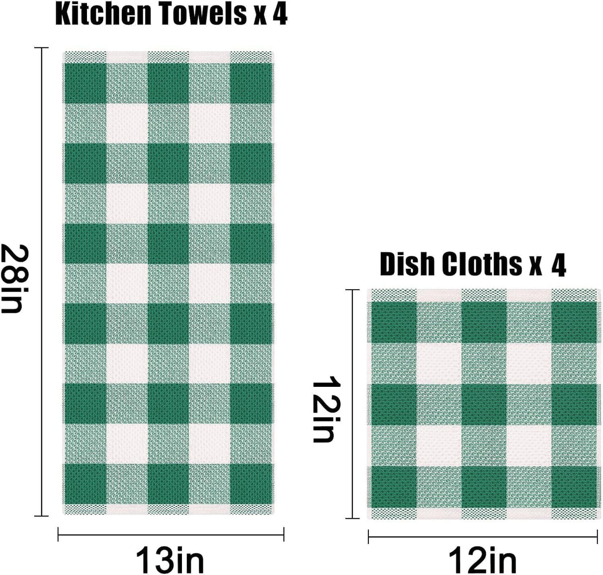 Homaxy Kitchen Towels and Dishcloths Set, Set of 12, White & Dark Green | Bulk Cotton Waffle Weave Check Plaid Kitchen