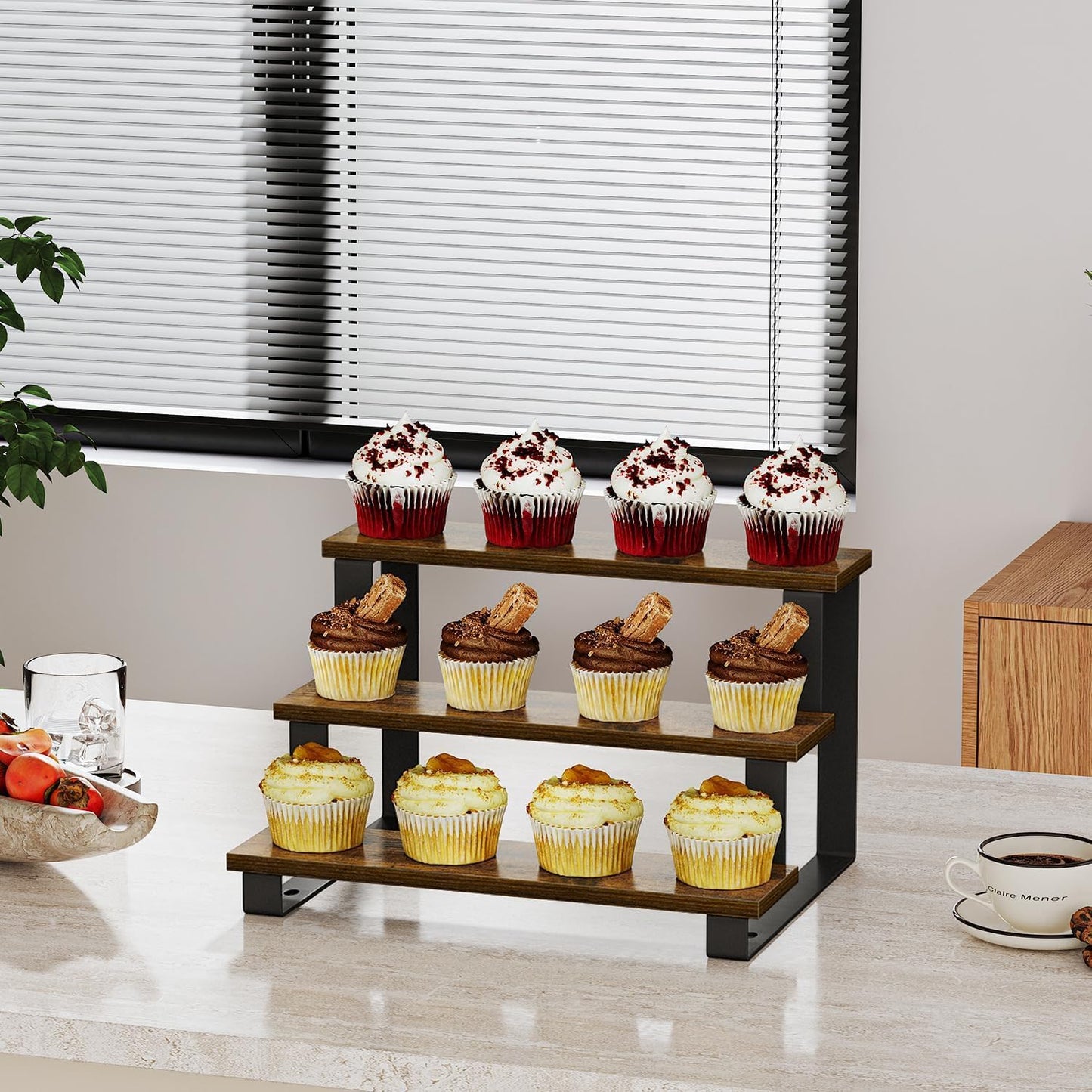 Wooden Display Riser Stand / 3 Tier Brown / 15.75 In