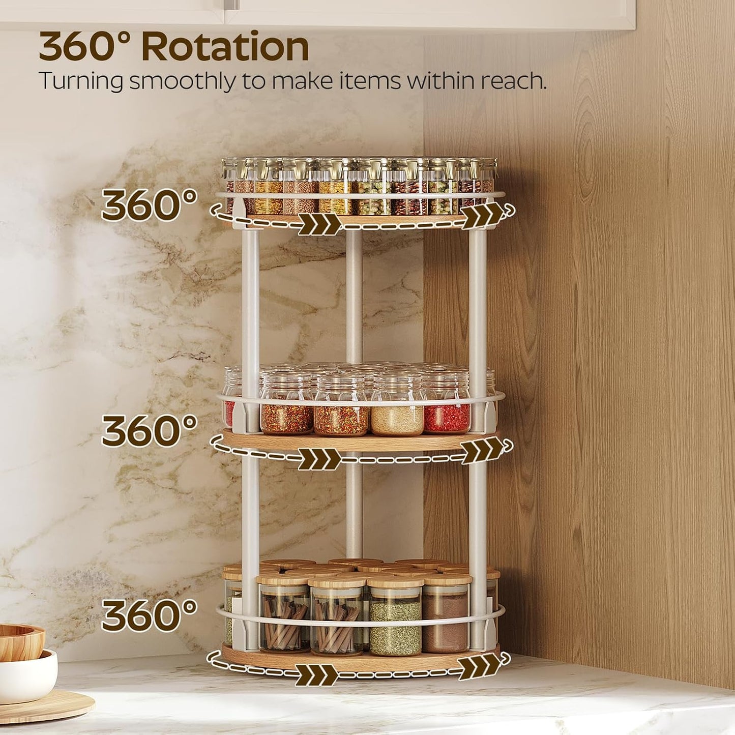 3-Tier Lazy Susan Organizer, Rotating Spice Rack, Spinning Organizer, Industrial Turntable Spice Rack Organizer for