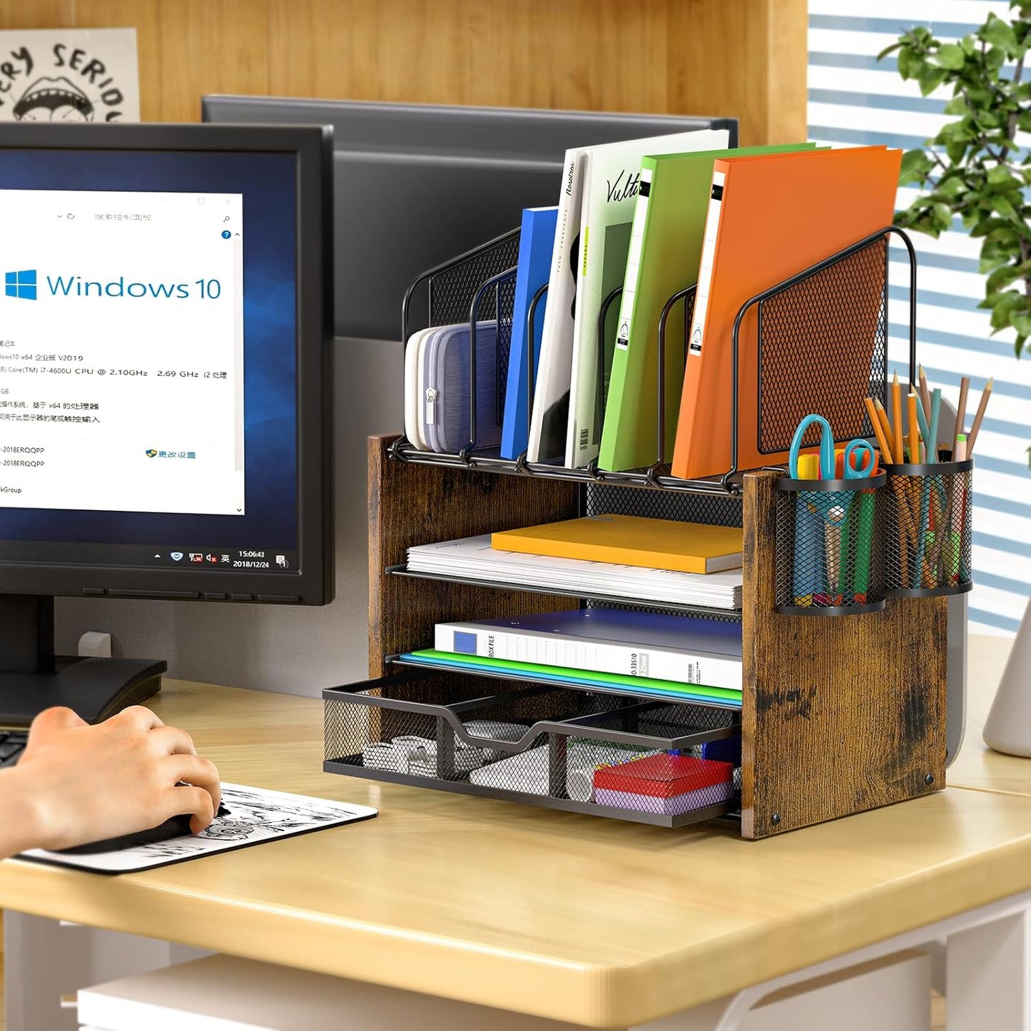 DAOUTIME 4-Tier Mesh Desk Organizer, Wooden Desk File Organizer with 5 Vertical File Holders and 2 Pen Holders, Desktop