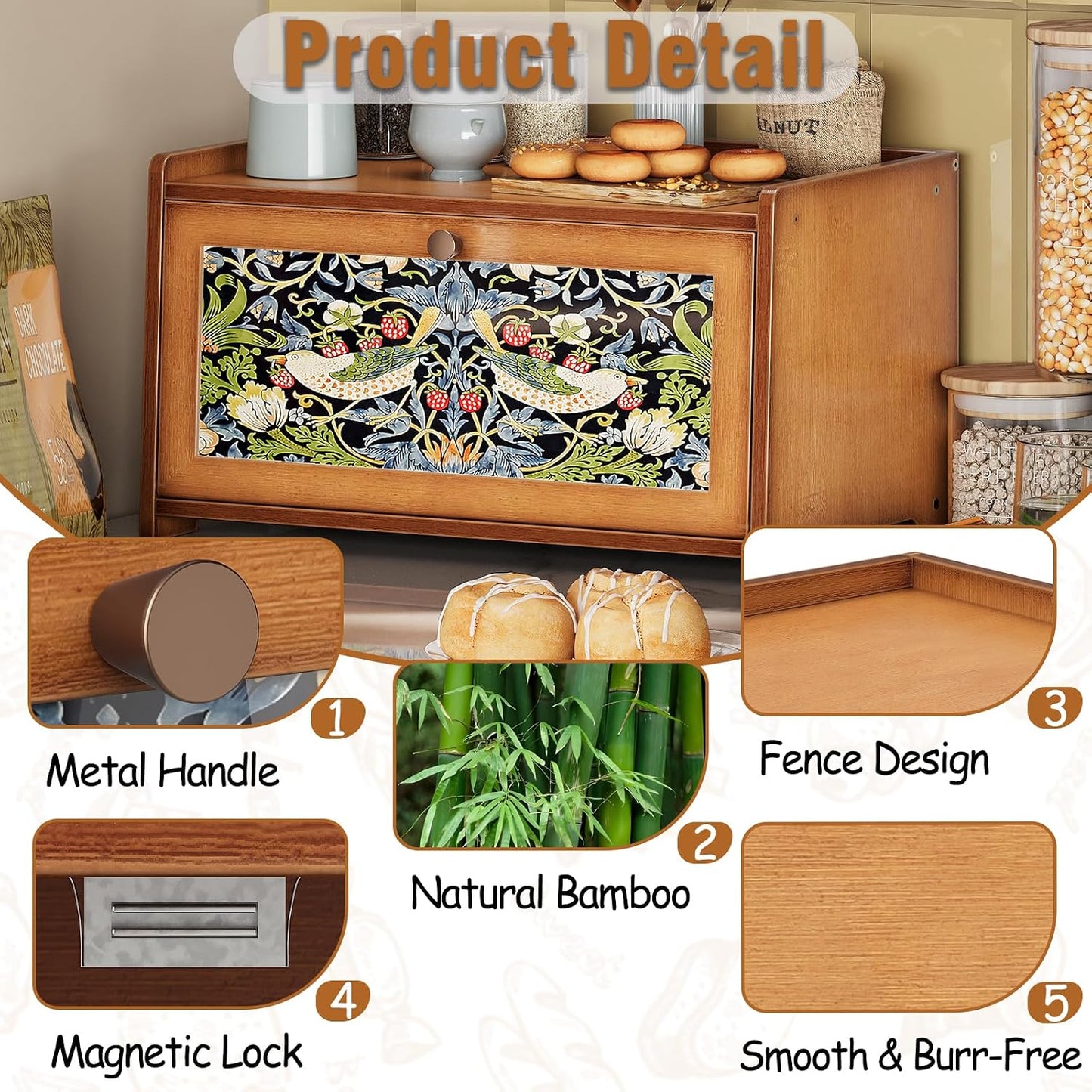 Trironsun Bamboo Bread Box for Kitchen Counter Black Bread Storage Container with Acrylic Door William Morris Flower