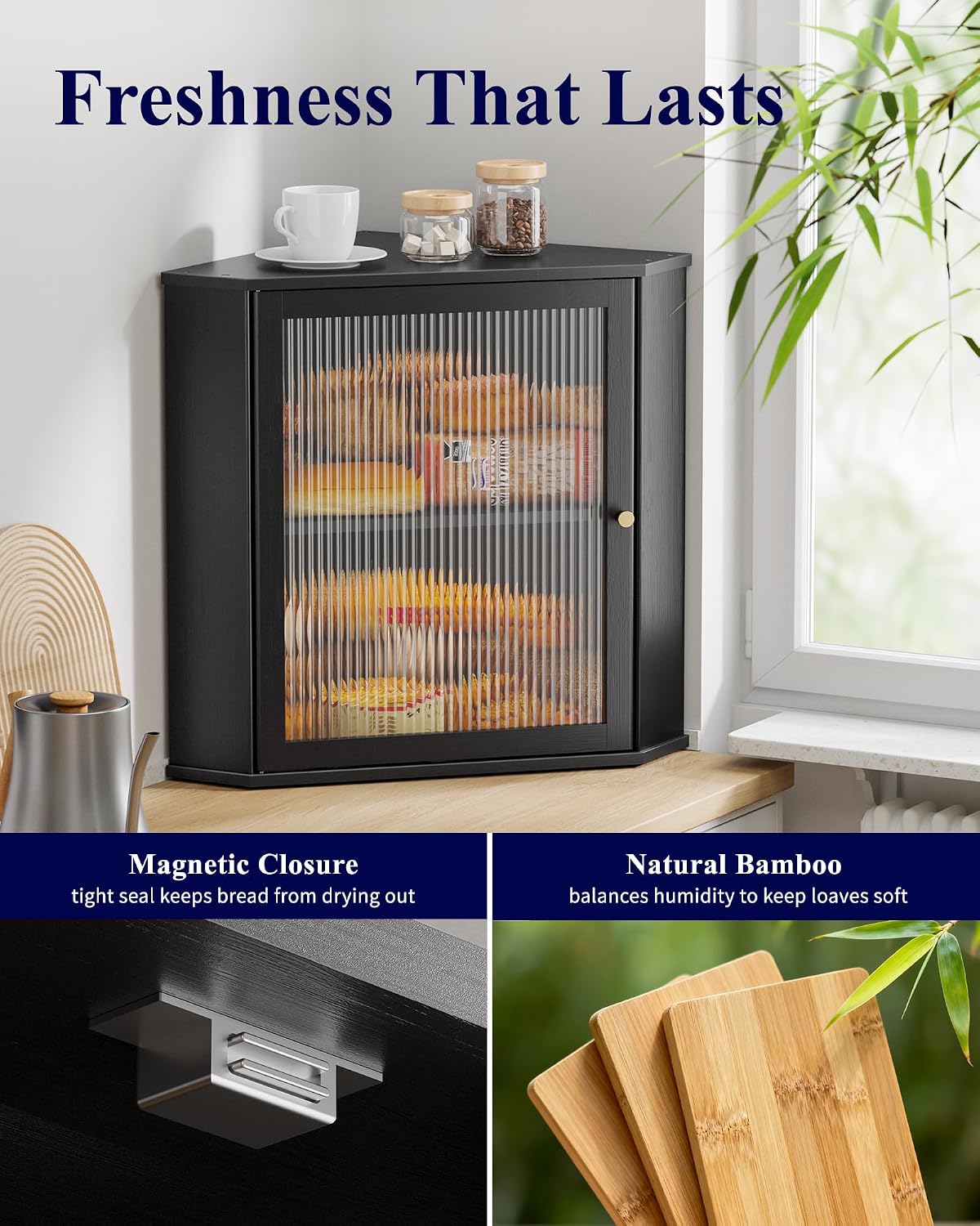 Kitsure Wooden Corner Bread Box for Kitchen Countertop, Large, Black | 2-Tier Bread Container with Magnetic Acrylic