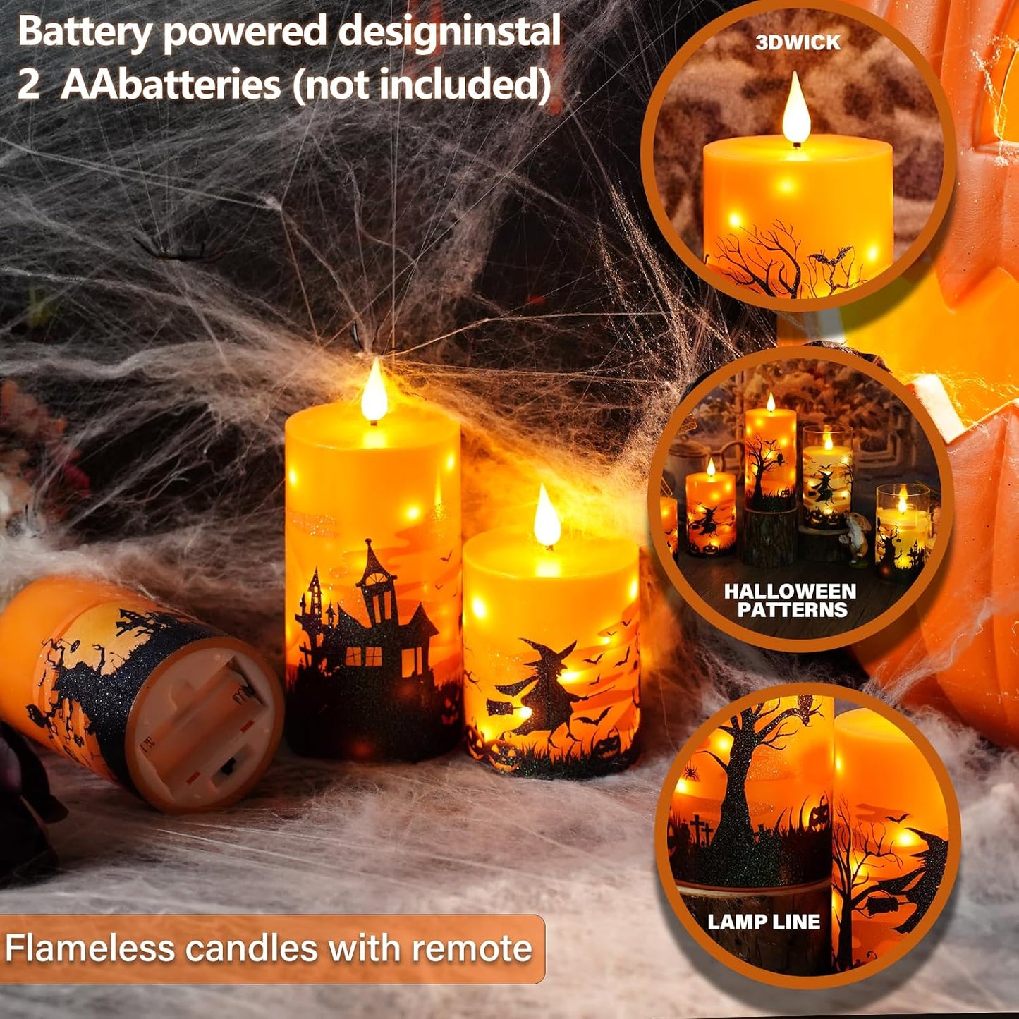 Sasigeiaa Halloween Flameless Candles with Remote - Orange LED Candles & String Lights, Battery Operated Set of 3 (D3 x