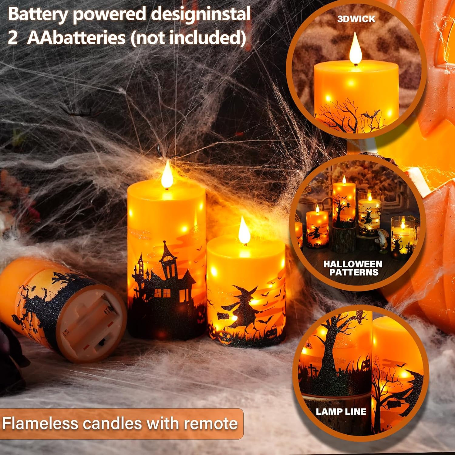 Sasigeiaa Halloween Flameless Candles with Remote - Orange LED Candles & String Lights, Battery Operated Set of 3 (D3 x