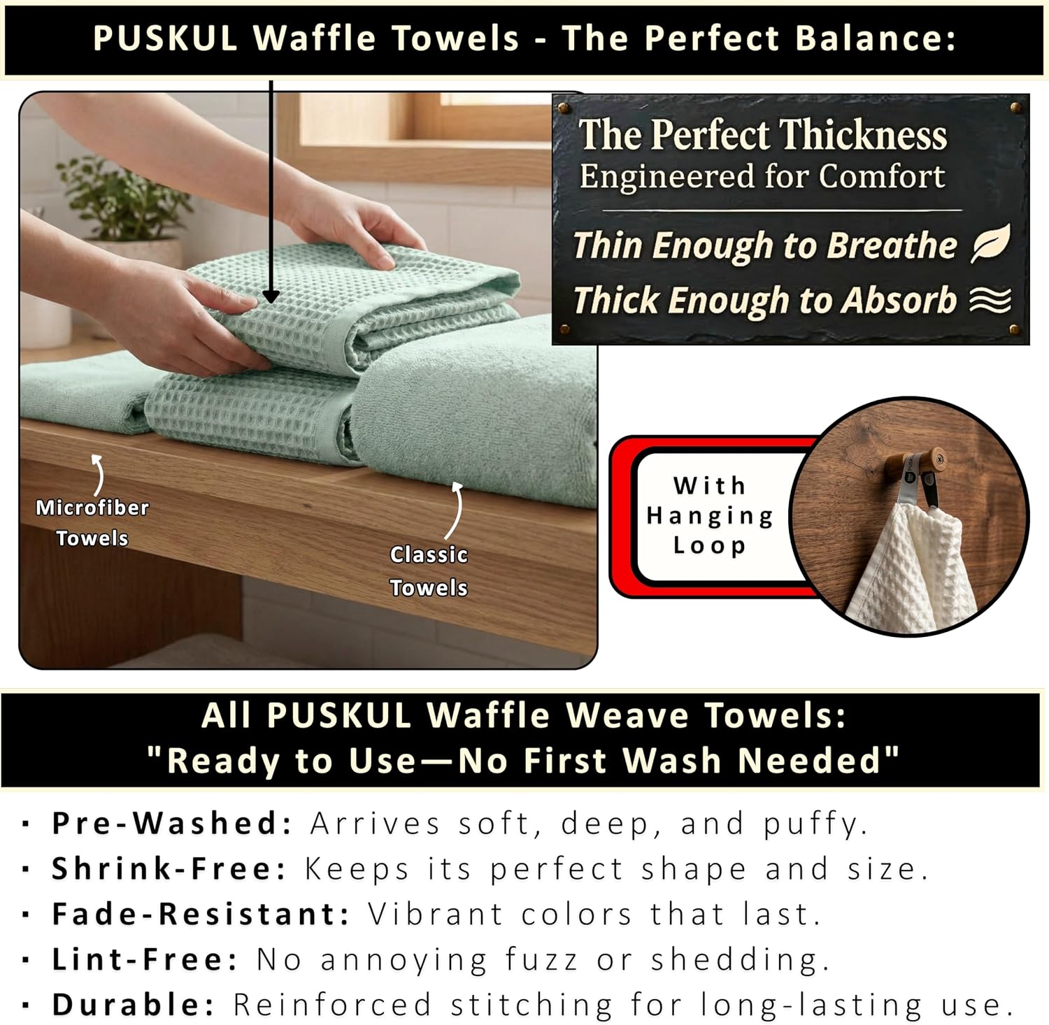 PÜSKÜL Natural 100% Turkish Cotton Waffle Bath Towels Set of 2, Extra-Large | Ice Green, Oversize 32x63" Bath sheet