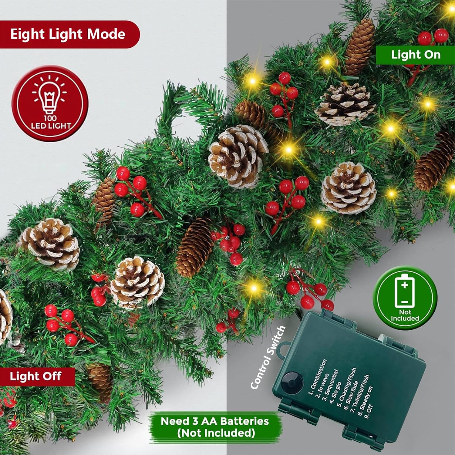 Christmas Garland, 12FT Prelit Christmas Garland with 100 LED Lights, Greenery Xmas Garland with 20 Pine Cones 90 Red