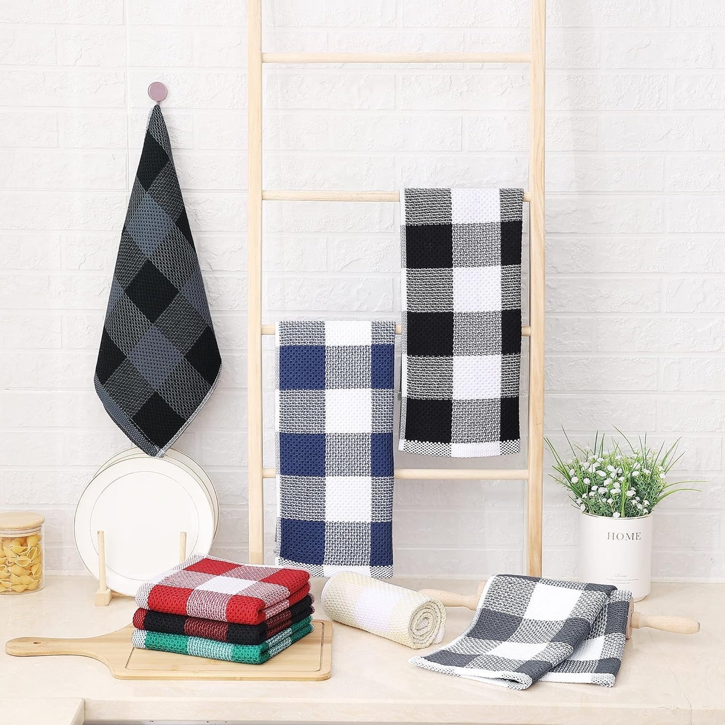 Homaxy Cotton Plaid 12 Pack Kitchen Towels, 13" x 28", White & Black | Waffle Weave, Plaid, Super Soft and Absorbent