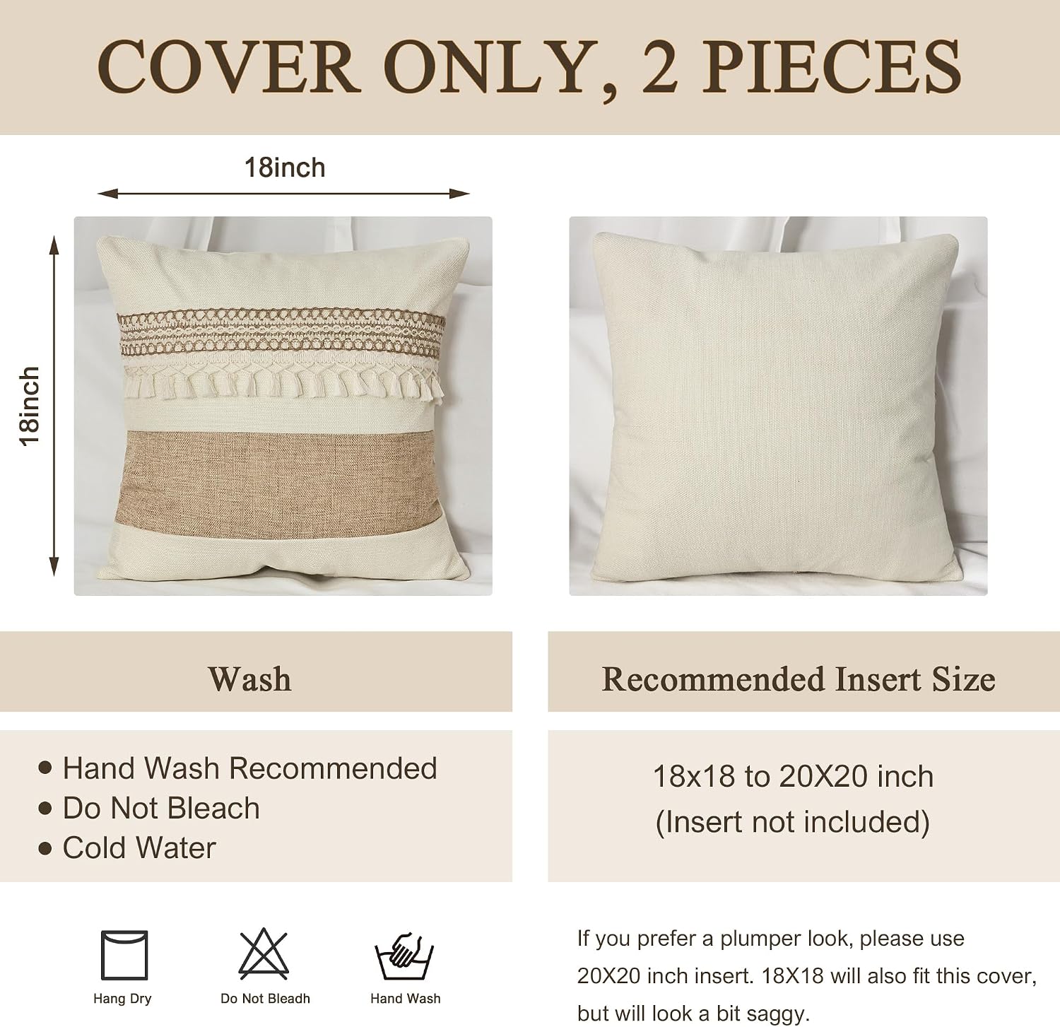 Boho Patchwork Linen Throw Pillow Covers / Boho Beige Tassles-a / 18 x 18 / Set of 2