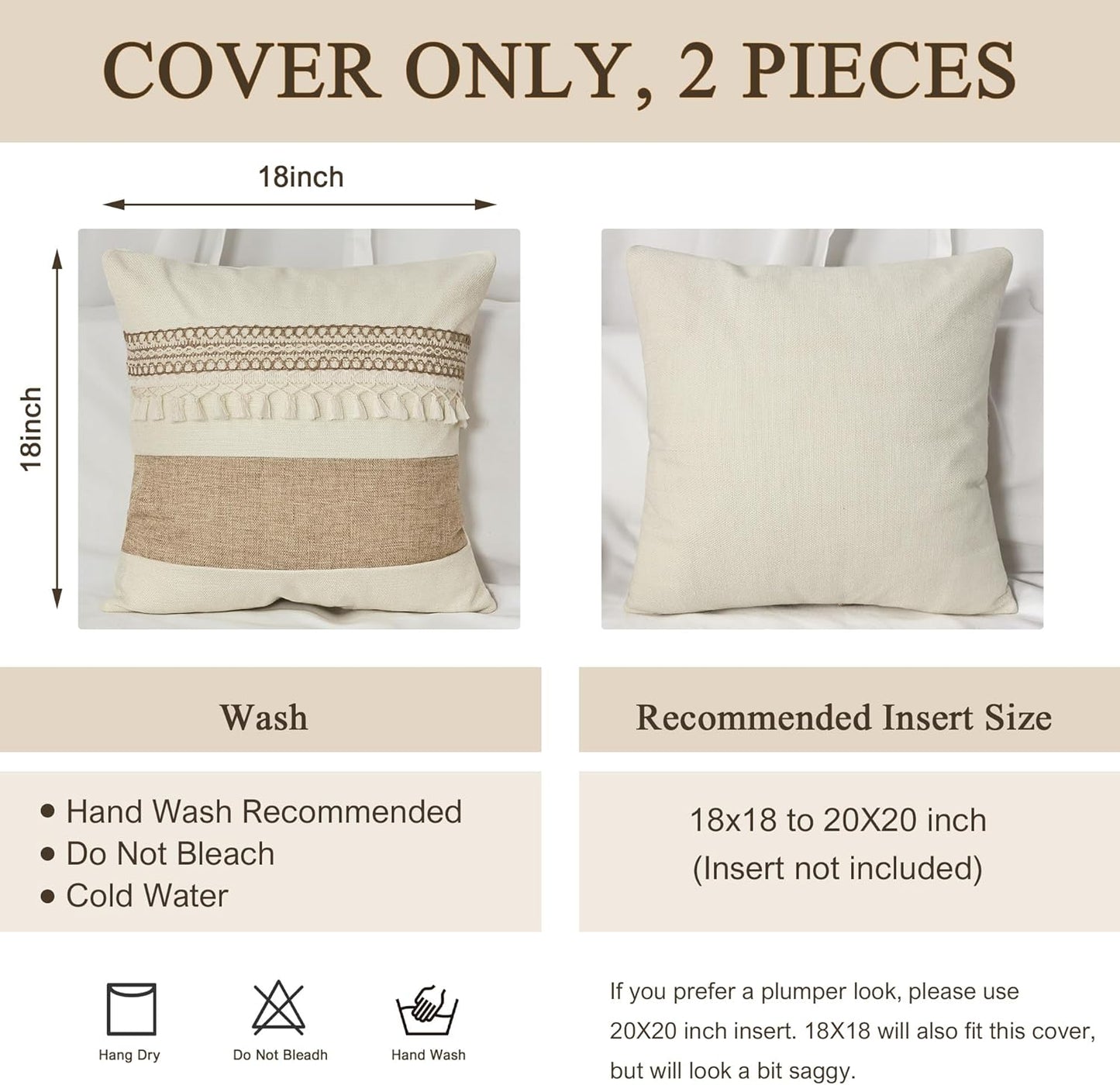 Boho Patchwork Linen Throw Pillow Covers / Beige / 18 x 18 / Set of 2