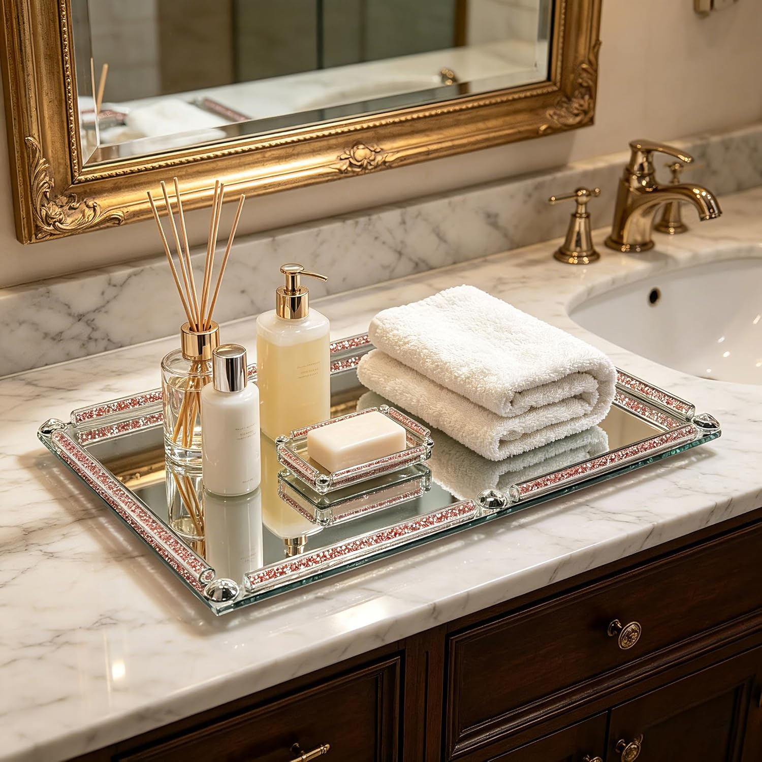 Crushed Diamond Filled Glass Vanity Tray / Pink / 15.7 x 11.8 x 1.4