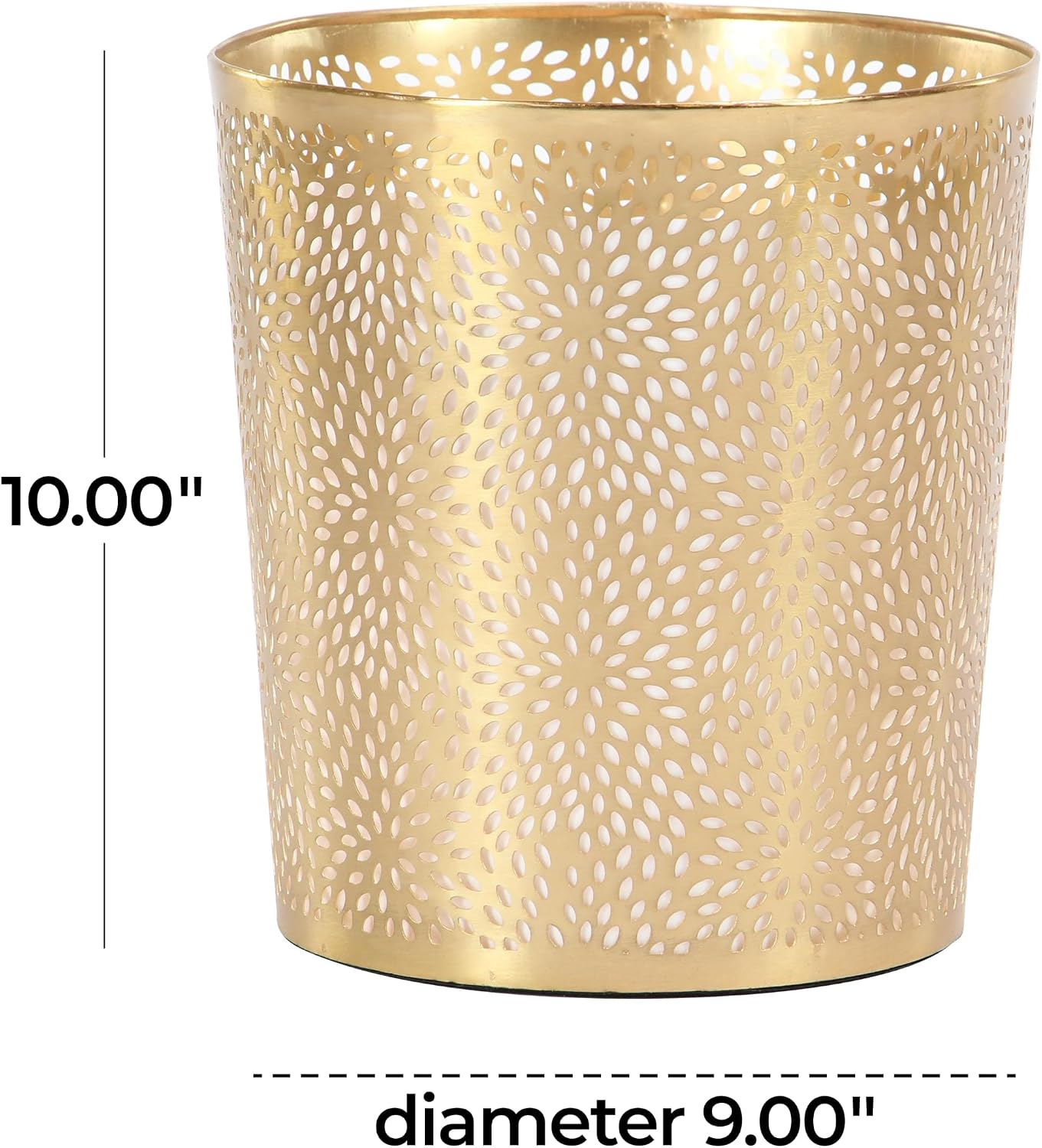 CosmoLiving Metal Floral Small Waste Bin, Trash Can 9" x 9" x 10", Gold | Office Bathroom Floral Waste Basket With