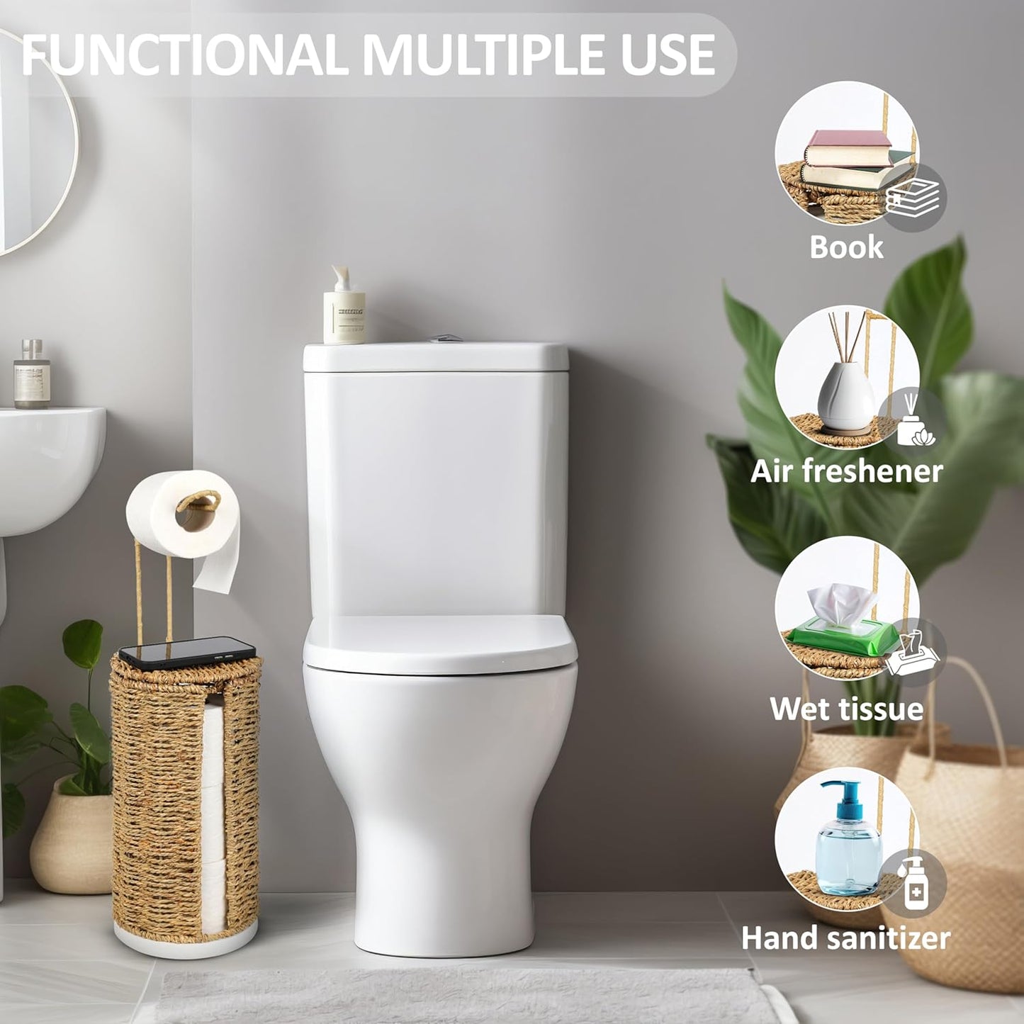 Freestanding Wicker Toilet Paper Holder with Lid, 3 Rolls of Toilet Tissue Storage, Rattan Handmade Woven Toilet Paper