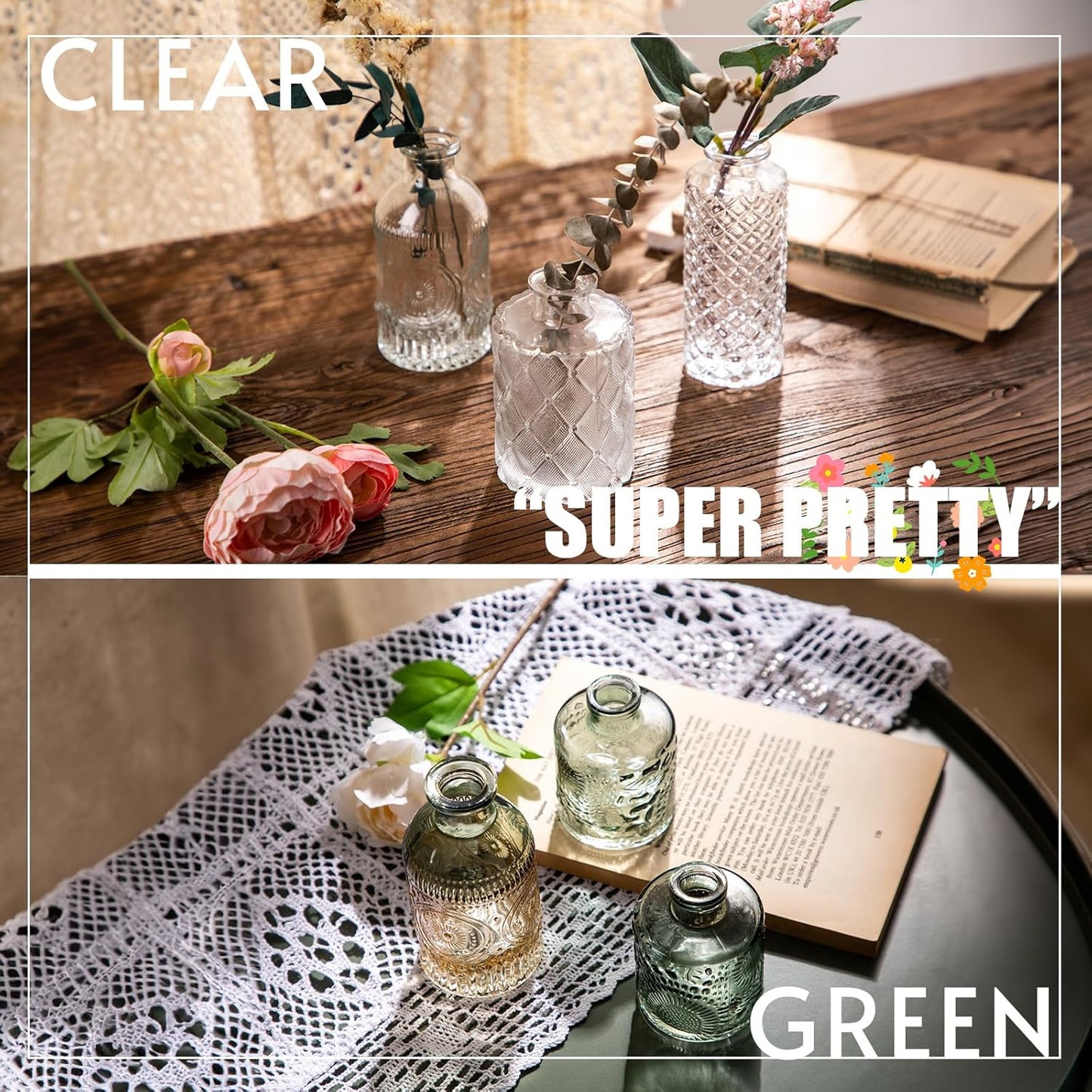 Bud Vase / Small Flower Vases for Decorative / Clear+green / Set of 6