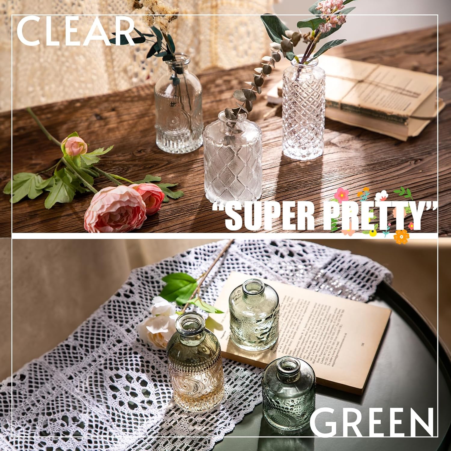 Bud Vase / Small Flower Vases for Decorative / Clear+green / Set of 6