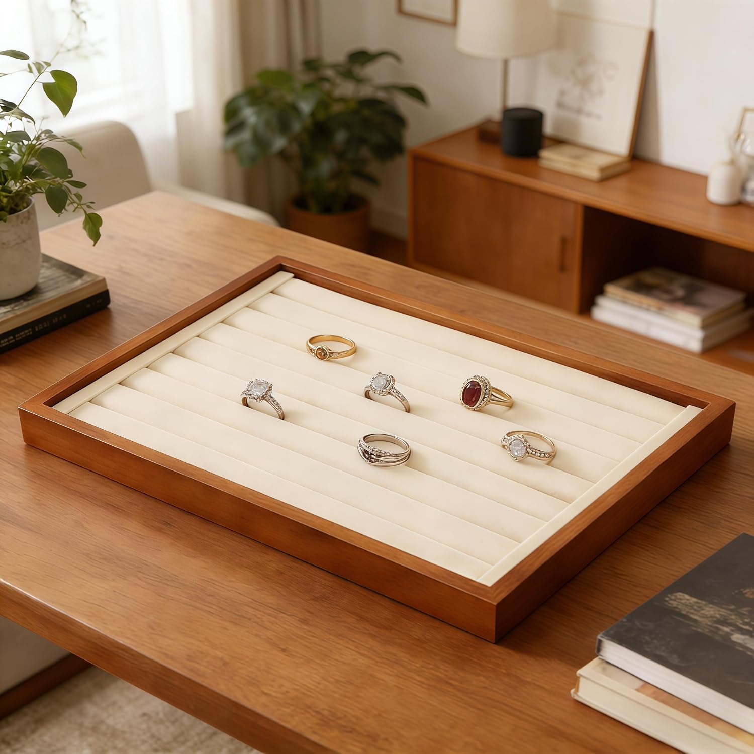 Solid Wood Ring Tray Display Stand Jewelry Drawer / Old Lace / Ring Tray-w 9.45" x H 1.18"x L 13.78