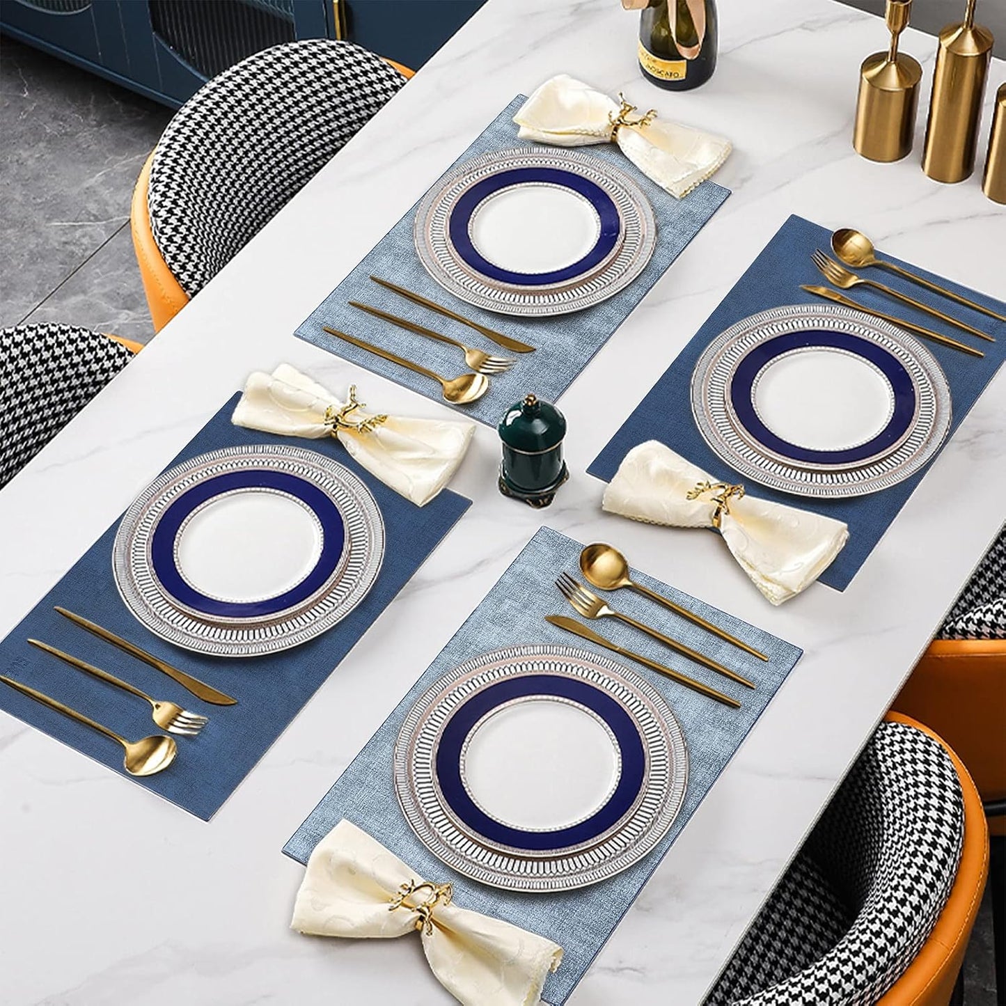 Leather Placemats Table Mats Set of 6, Navy Blue & Light Blue | Reversible Non-Slip Table Placemats, Heat-Resistant and