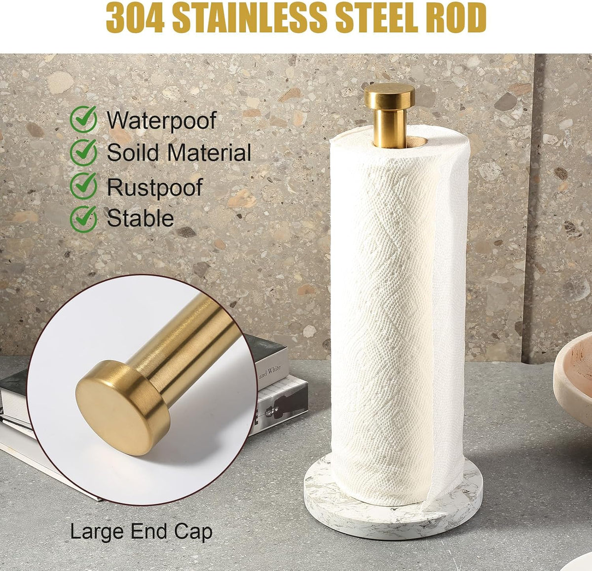 Paper Towel Holder Countertop, Marble and Brass Standing Paper Roll Holder, Heavy Stone Paper Towel Holder with 6"