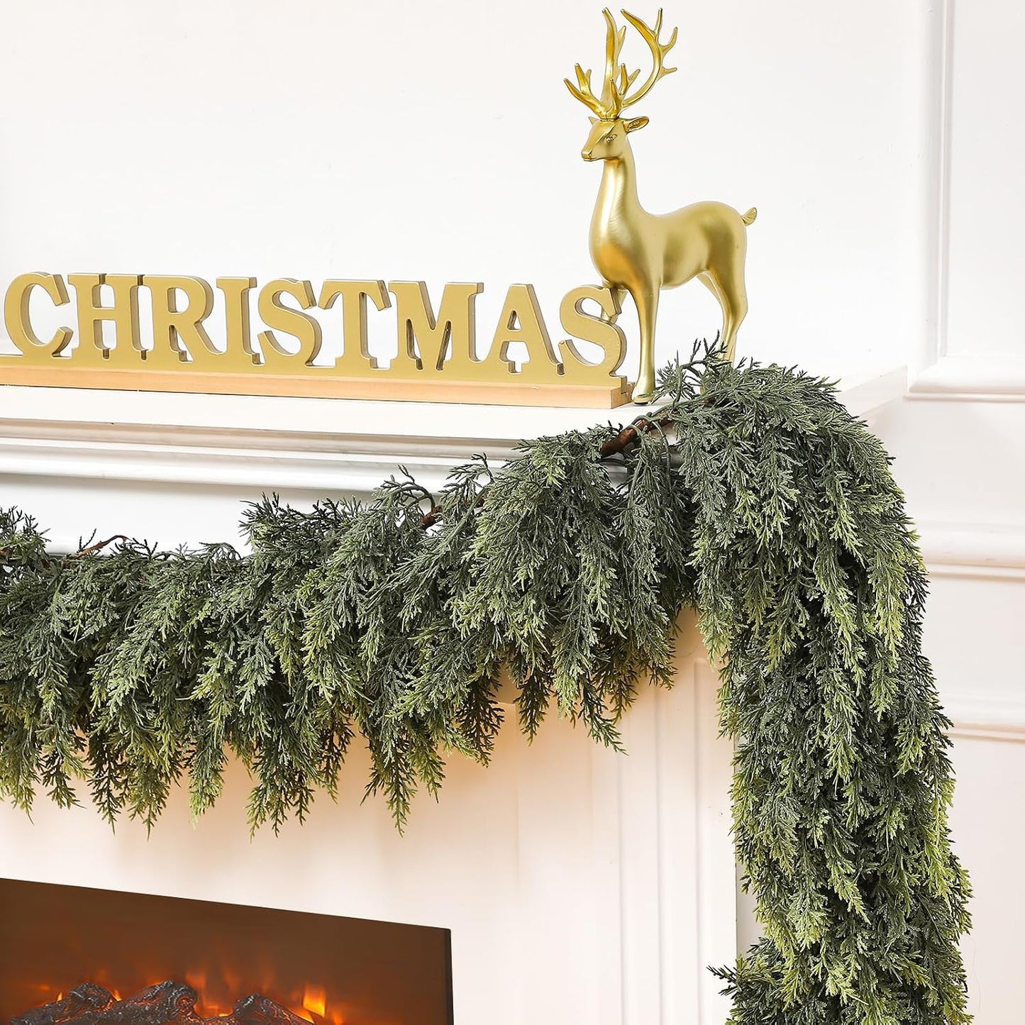 1 Pcs 9 ft Artificial Christmas Cedar Garland | Thick & Lush, Simulation Faux Cedar, Green Fake Pine Needles Garland