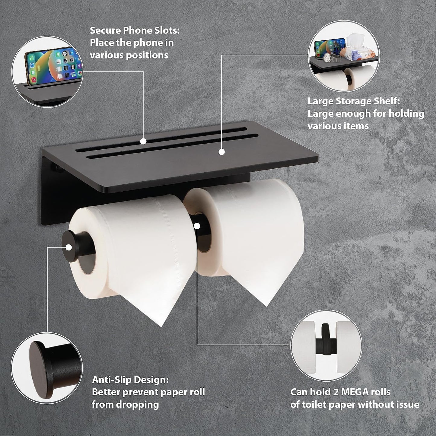 Toilet Paper Holder - Aluminium Double Roll Toilet Tissue Holder with Mobile Phone Shelf for Bathroom, 3M Self Adhesive