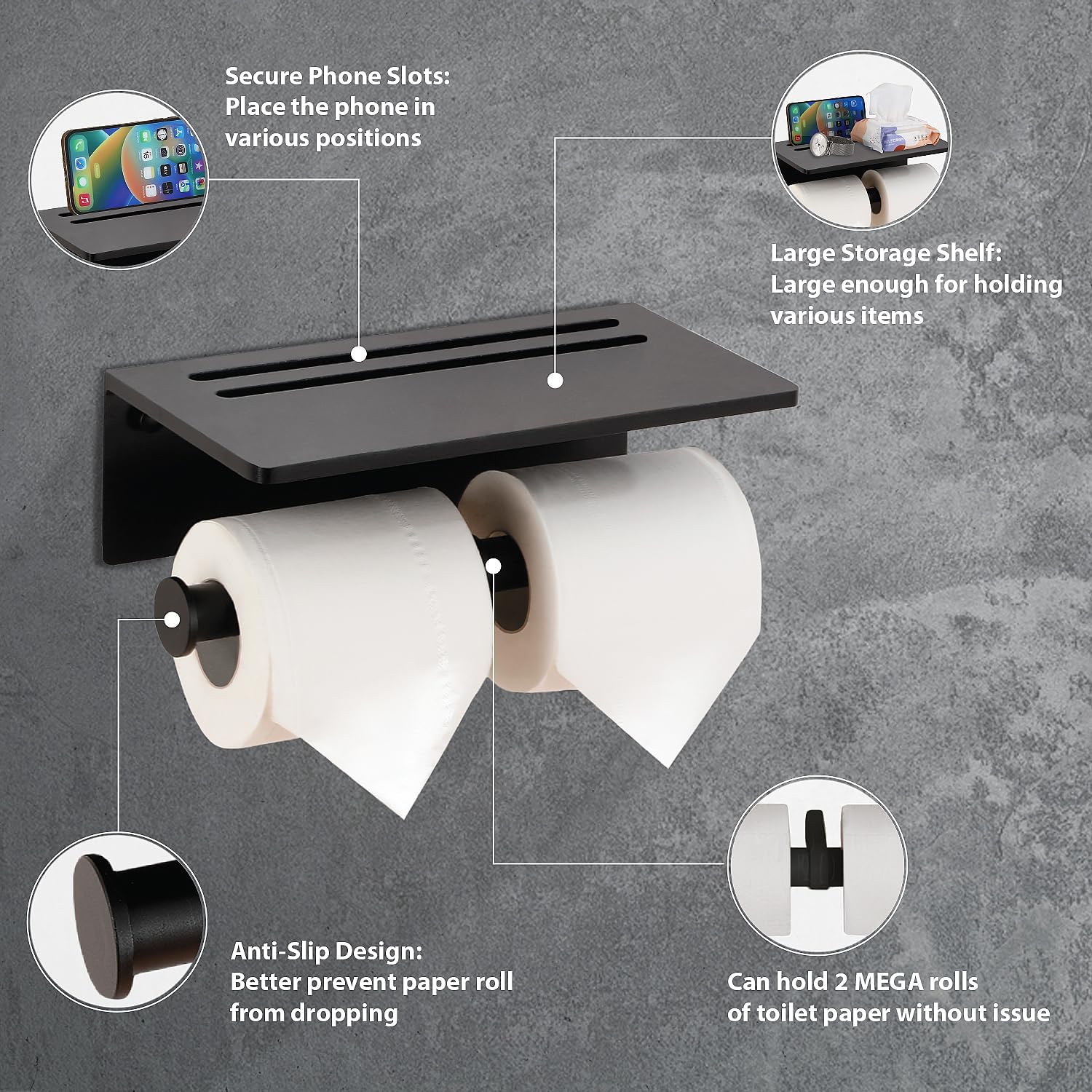 Toilet Paper Holder - Aluminium Double Roll Toilet Tissue Holder with Mobile Phone Shelf for Bathroom, 3M Self Adhesive