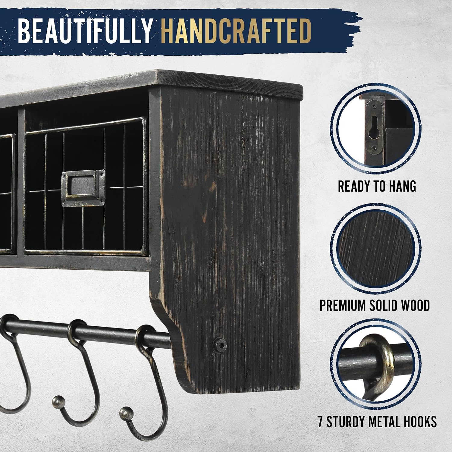 HBCY Creations Wall Mounted Shelf with Coat Hooks and Baskets, Solid Wood Entryway Organizer Wall Shelf with Hooks