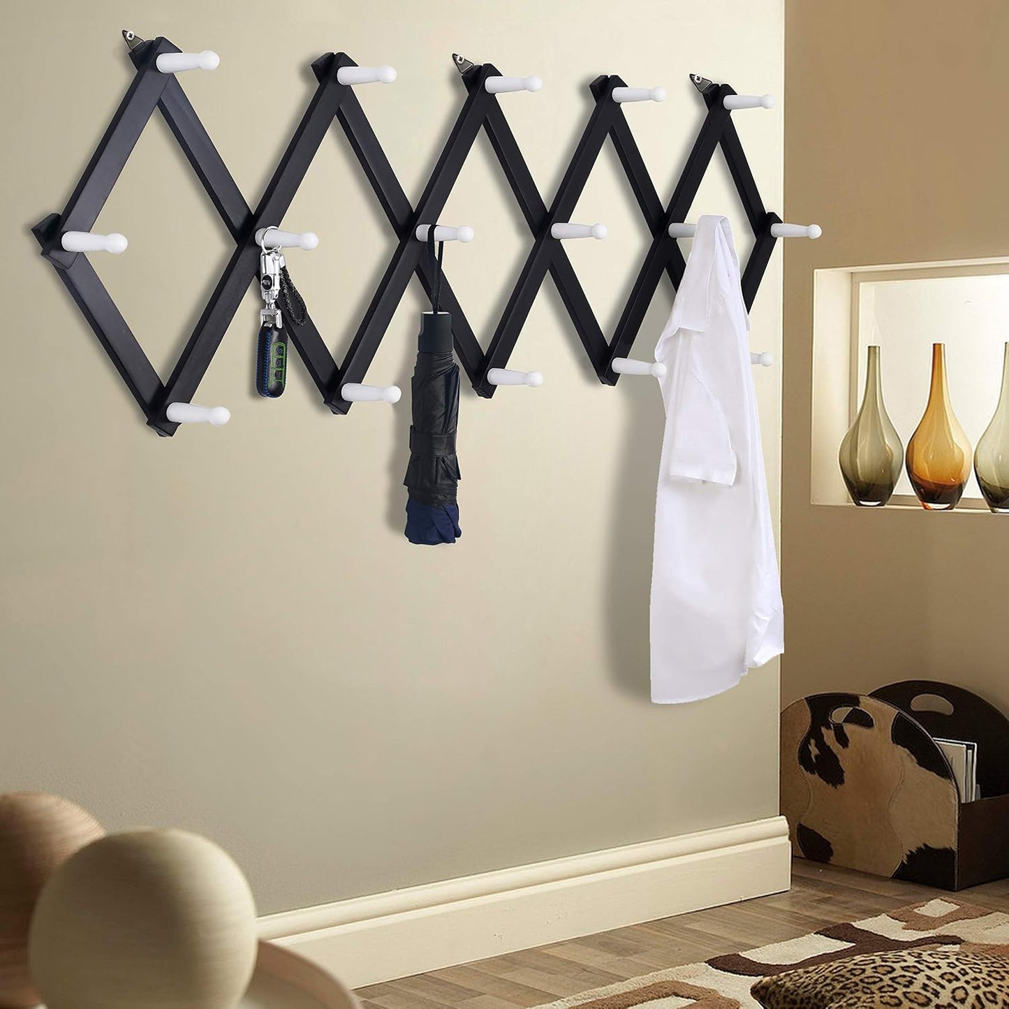 Accordian Wall Hanger: Wooden Coat Rack Wall Mounted, Hat Racks for Baseball Caps, Mug Rack, 16 Peg Hooks, Black & White