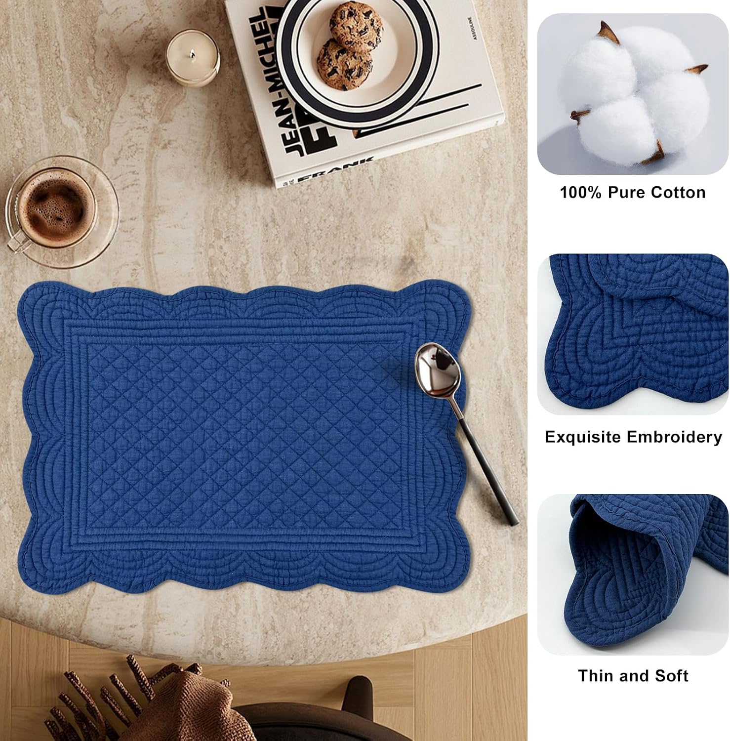 6 PC Quilted Placemats, 18"X13"Extra Large Cotton Placemats Set of 6, 100% Cotton Fabric Washable Cloth Table Mats for
