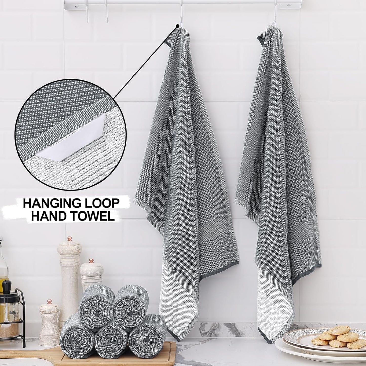 Homaxy 380 GSM Cotton Premium Kitchen Towels 8 Pack, 18"x 28", Grey | Flat and Terry Dish Towels, Highly Absorbent Tea