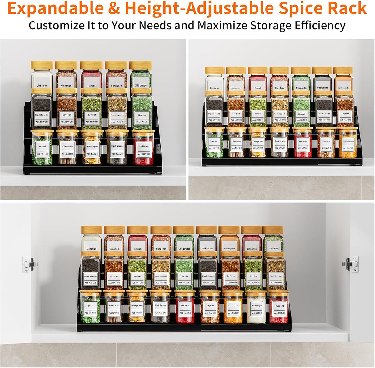 RCHYFEED 3 Tier Spice Rack Organizer for Cabinet,Expands 13.4 to 21.8 Inch | Black, Height Adjustable Metal Spice Rack