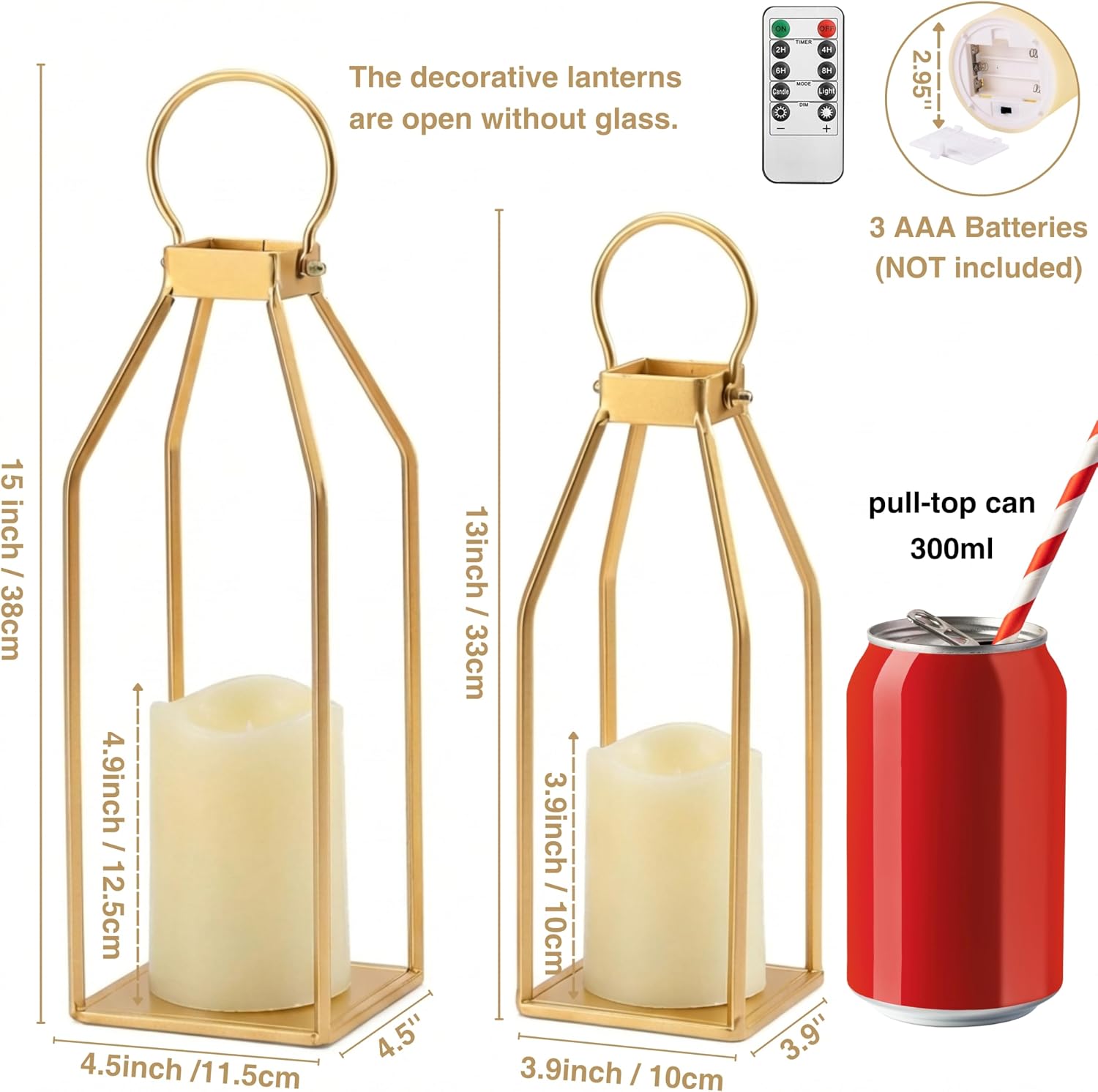 Perfnique Modern Farmhouse Lantern Decor, 15'' 12.6'' Set of 2 Gold Metal Lanterns, 2 LED 6hr Timer Flameless Candles ＆