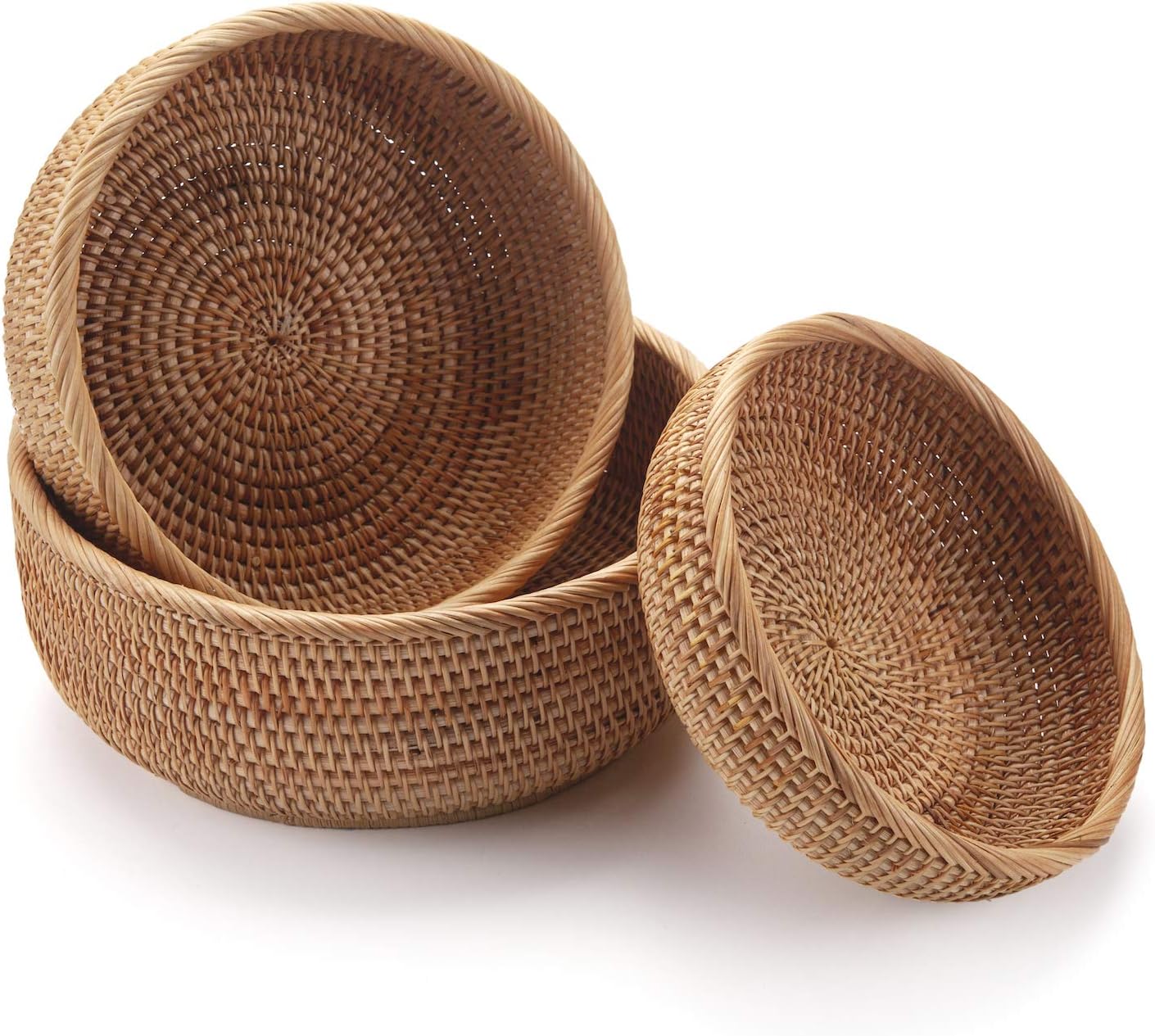 Rattan Fruit Baskets Woven Storage Bowls Key Holder Stackable / Round / Natural / Set of 3