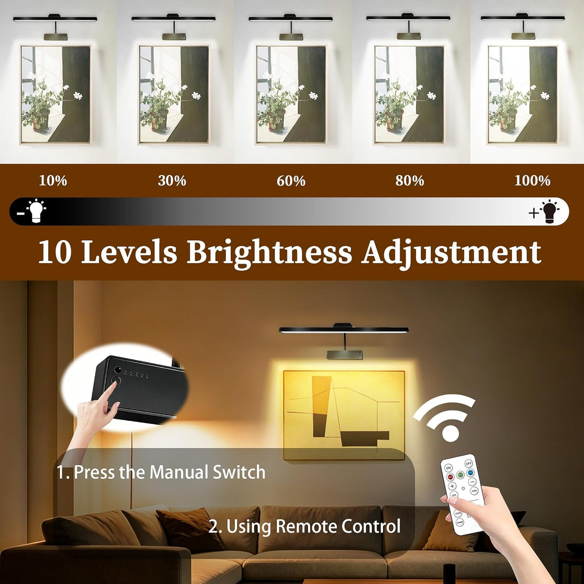 MIOBLUE Picture Light for Wall, 4800mAh Rechargeable Wireless Remote, 15in Dimmable Timer LED Art Display Light with 3