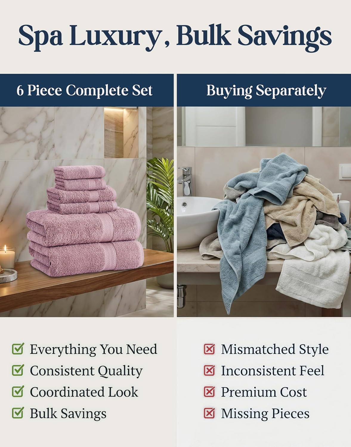 LANE LINEN Bath Towel Set Absorbent Quick Dry 100% Cotton - Wishful Mauve | Cotton Bath Towel Set - OEKO-TEX Certified