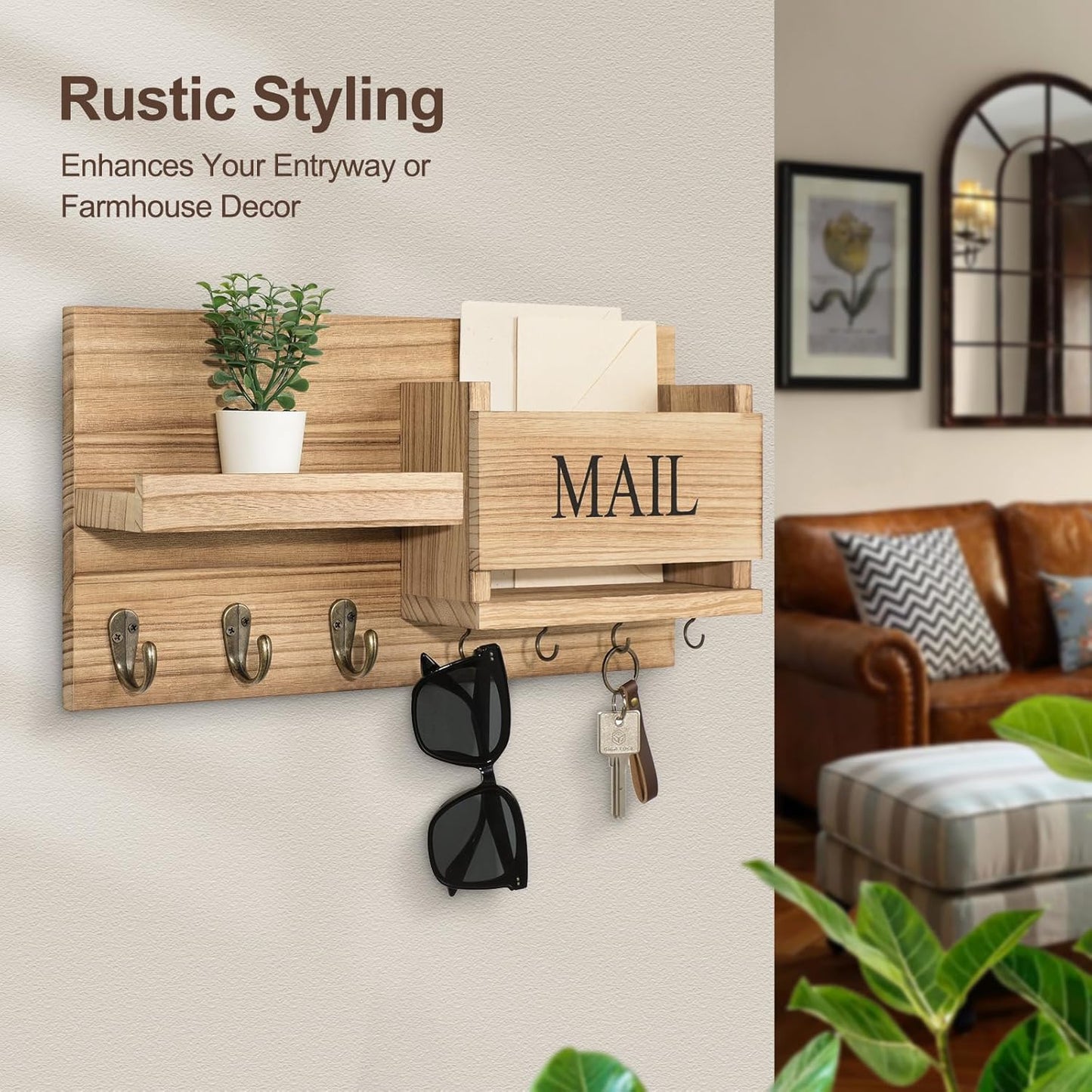 Shelf Includes Letter Holder and Hooks for Hallway Farmhouse / Wood