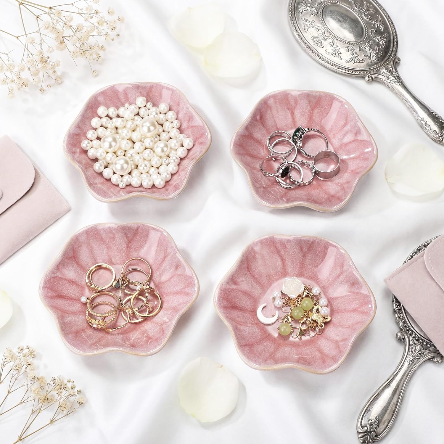 Small Jewelry Dish Trinket Holder Tray for Rings Earrings Key Bowl Women / Pink / Ceramic / Set of 4