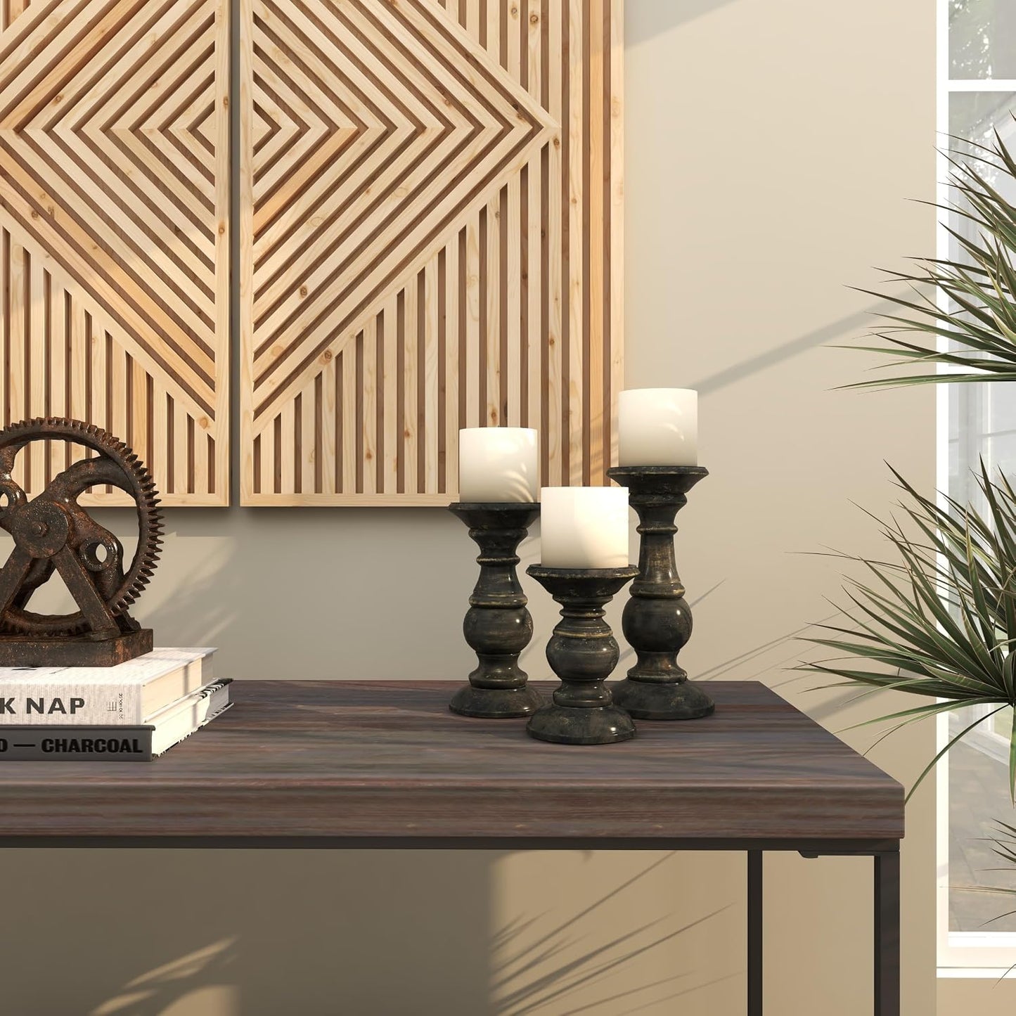 Deco 79 Mango Wood Decorative Candle Holder Distressed Turned Pillar Candle Stand, Set of 3 Candlestick Holder 6", 8"