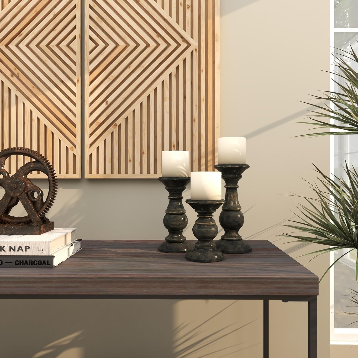 Deco 79 Mango Wood Decorative Candle Holder Distressed Turned Pillar Candle Stand, Set of 3 Candlestick Holder 6", 8"
