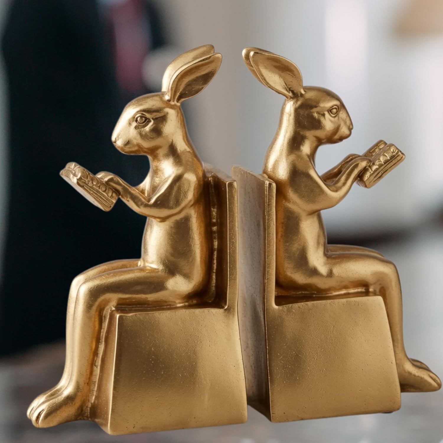 Rabbit Bookends / Studious Reading Bunny Decorative Book Ends / Gold / 7 Inch / Set of 2