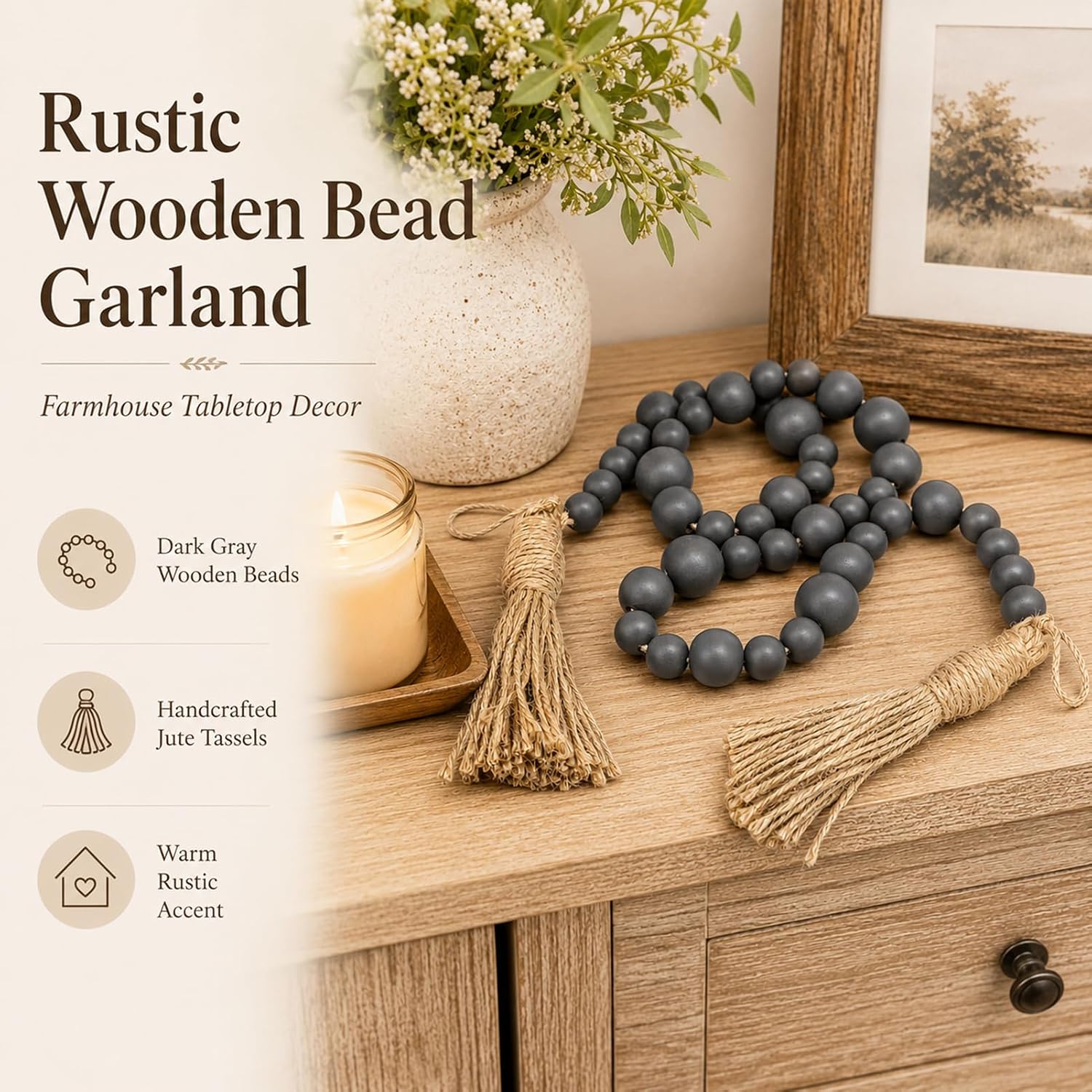 Gray Wood Bead Garland / Grey / 49.6 Inch