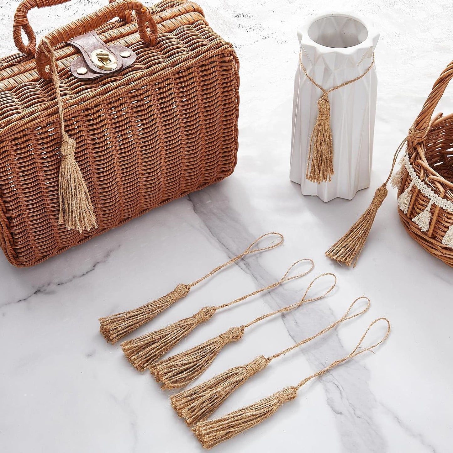 Jute Tassels for Crafts Small Tassels Bulk for Jute Rope DIY Wood Beads / Natural / Set of 40