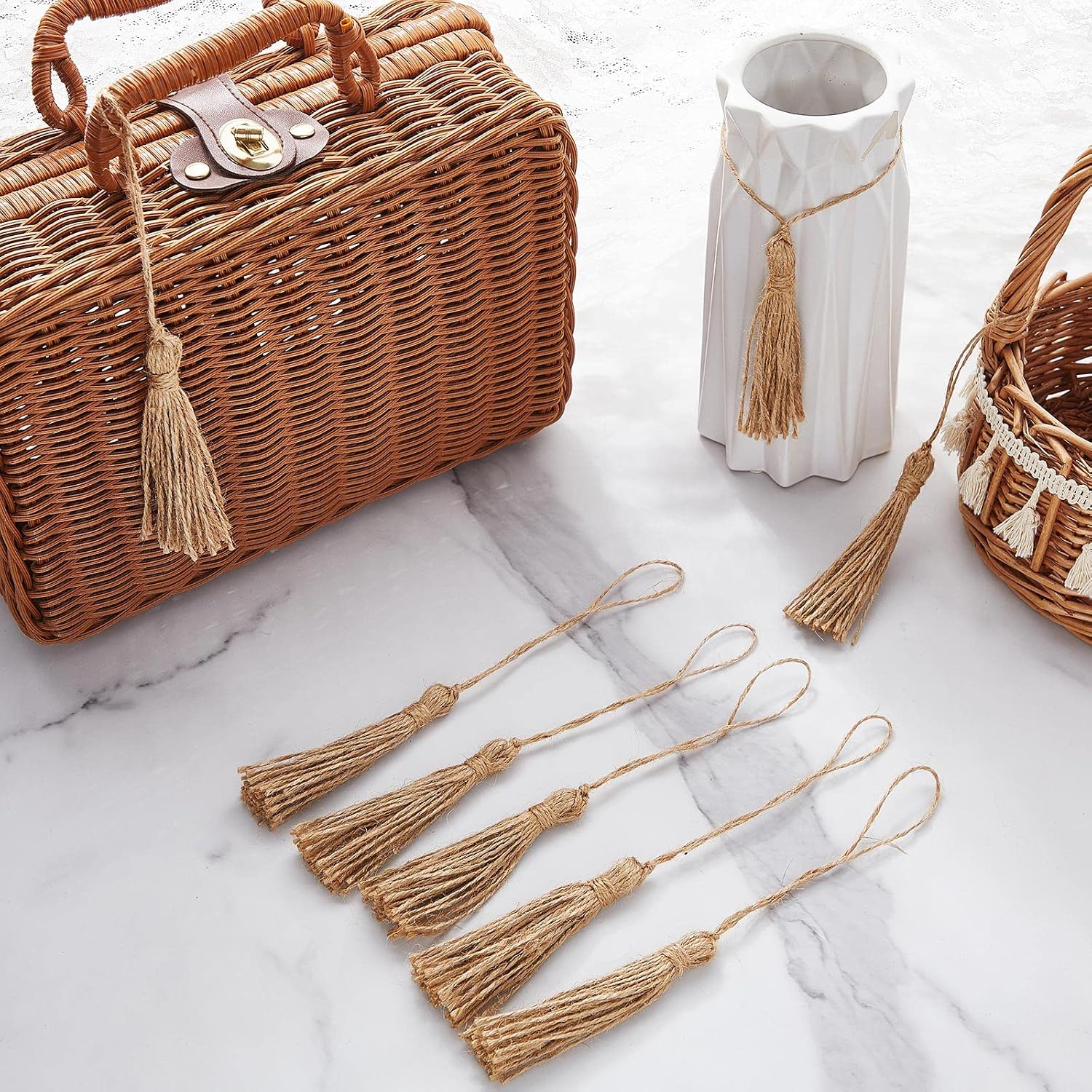 Jute Tassels for Crafts Small Tassels Bulk for Jute Rope DIY Wood Beads / Natural / Set of 40