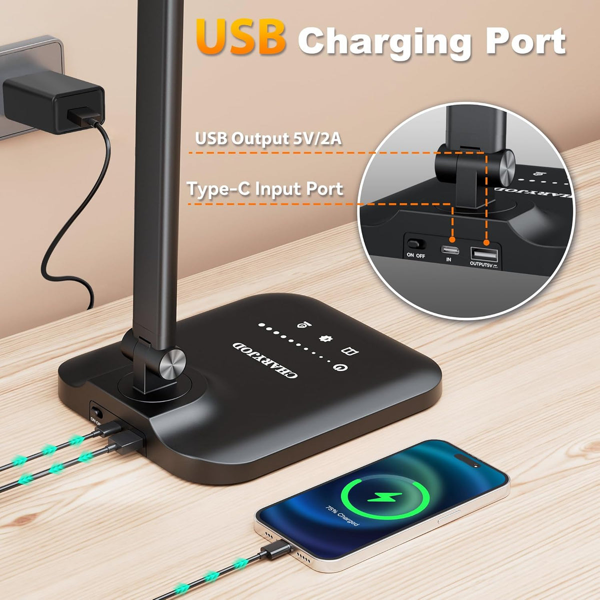 LED Desk Lamp for Office Home, Height Adjustable Architect Desk Light with USB Adapter, Stepless Dimming Desk Lamp