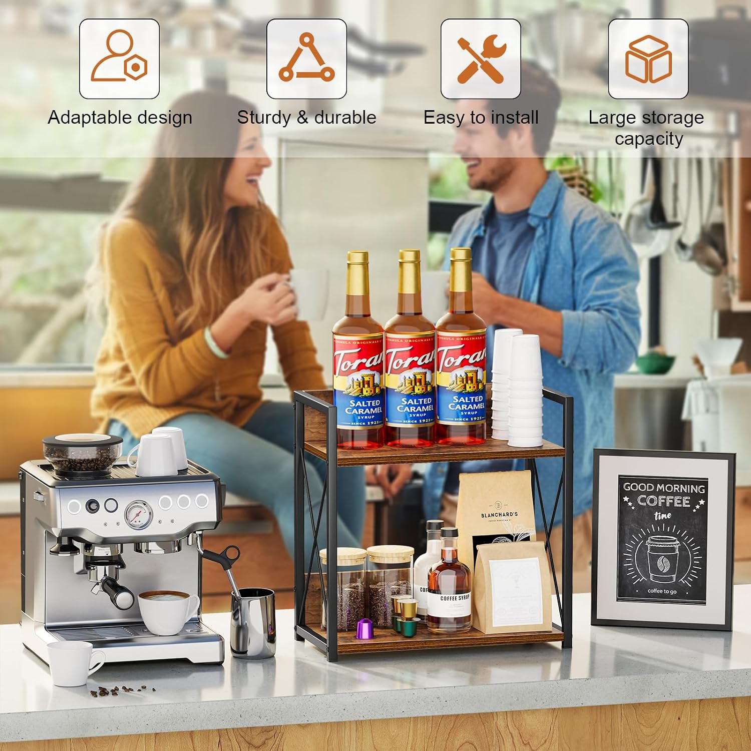 Giikin Kitchen Counter Shelf, Kitchen Countertop Organizer, 2 Tier Spice Rack for Counter, Wood Coffee Bar Organizer